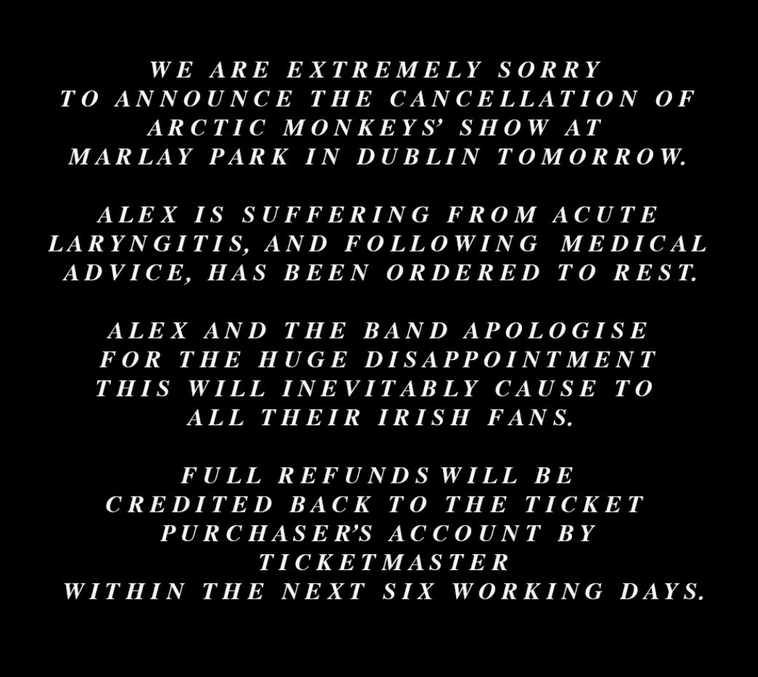 Arctic Monkeys have cancelled their show in Dublin’s Marlay Park