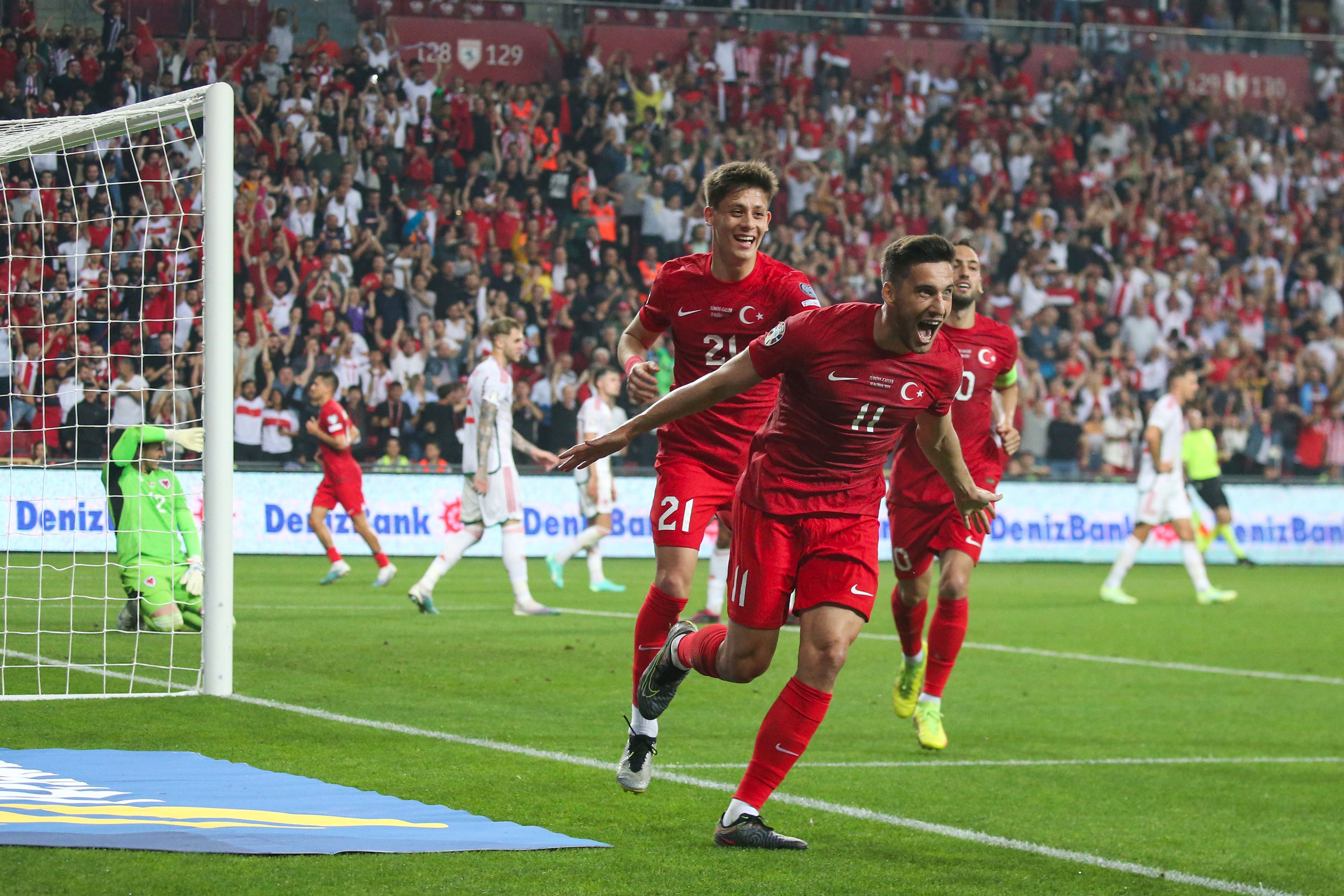 Turkey’s Umut Nayir celebrates opening the scoring against Wales (Murat Akbas/Dia Images via AP)