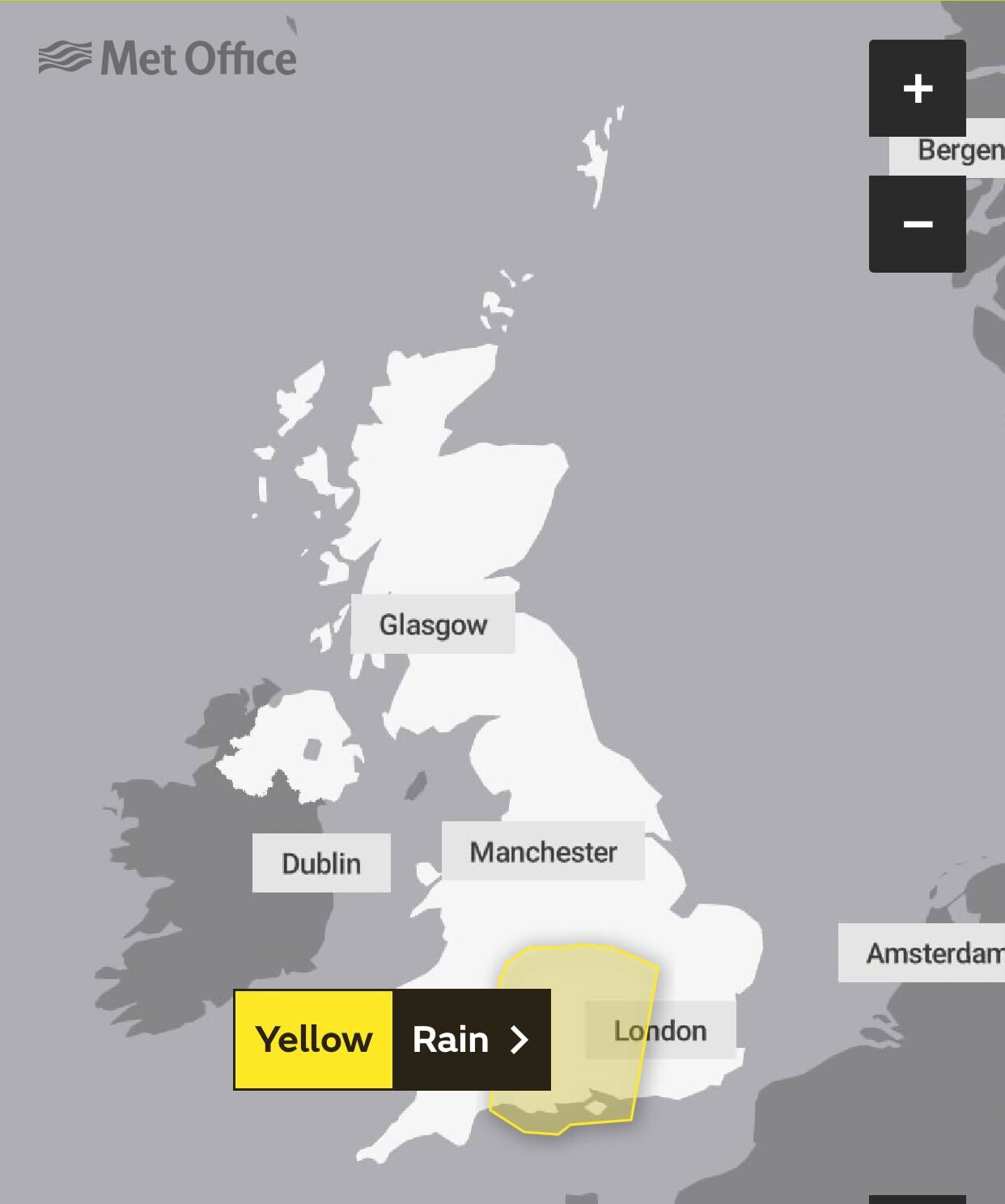 Yellow warning covers parts of central and southern England and southeast Wales on Tuesday