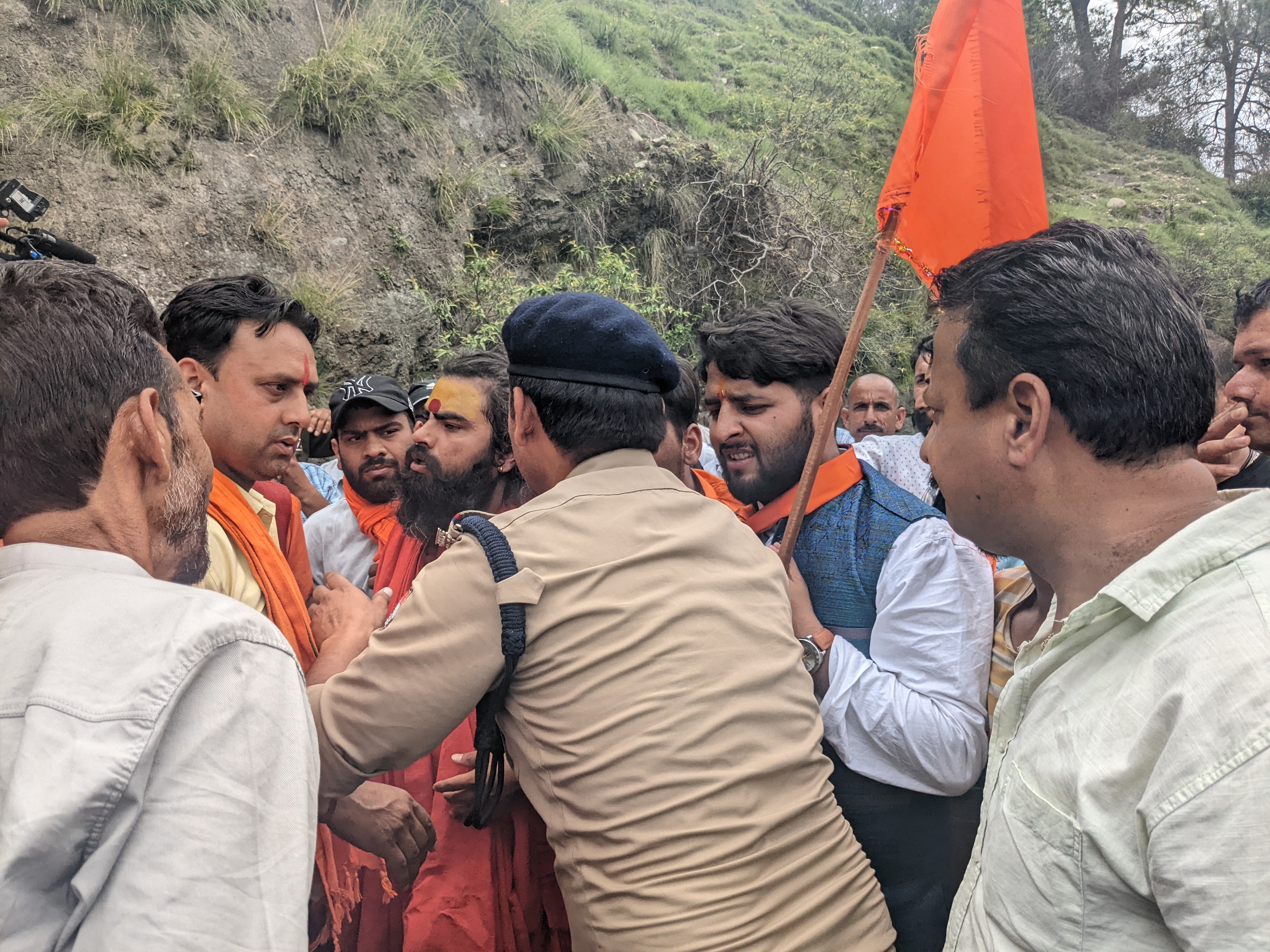 Mahant Keshavgiri Maharaj and other right-wing supporters protesting at Purola-Barkot road