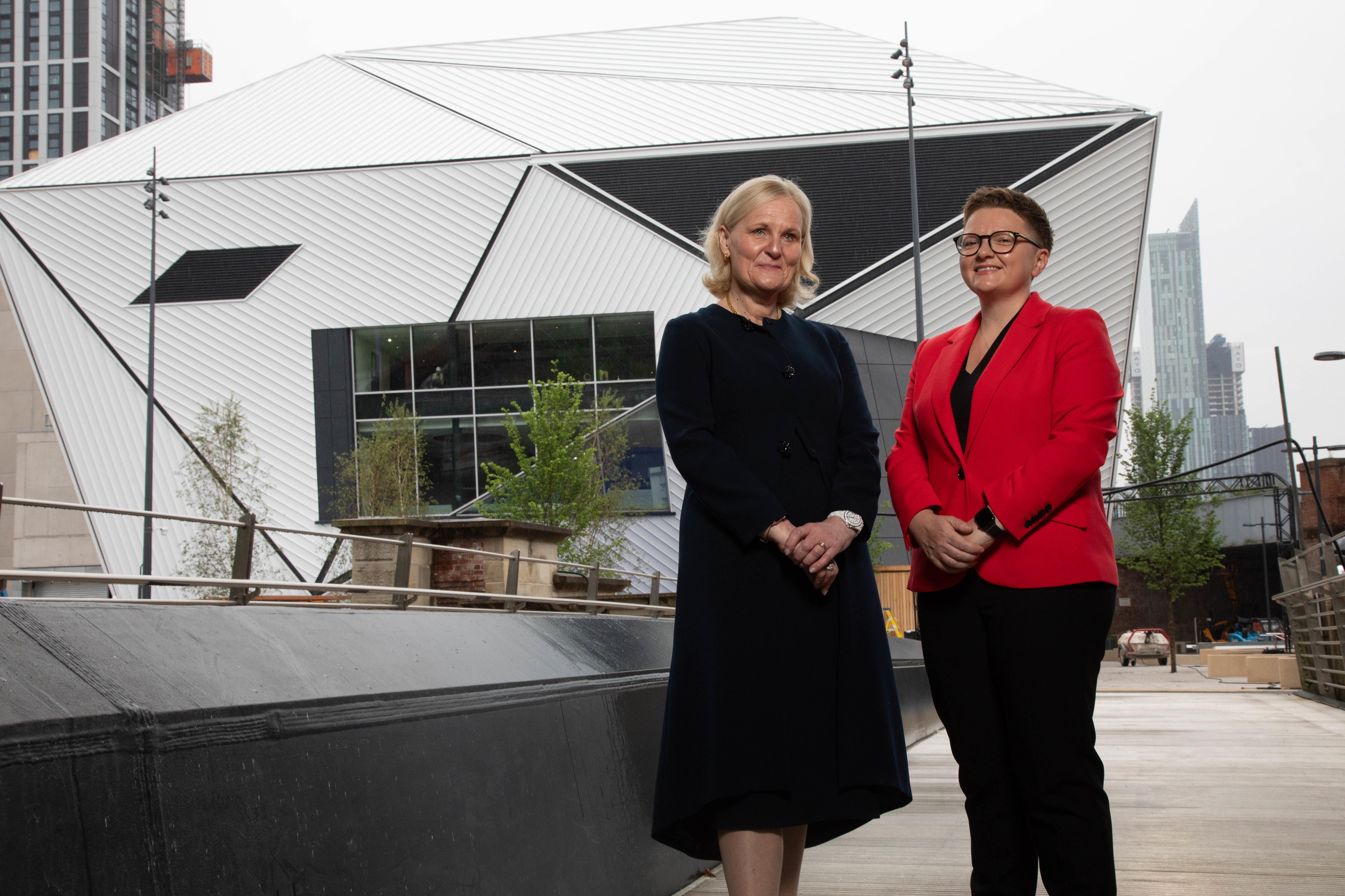 Chief executive of Aviva Amanda Blanc (left) and the leader of Manchester City Council, Bev Craig, stand in front of the newly named Aviva Studios (Dilantha Dissanayake/PA)