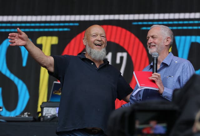 <p>Glastonbury founder Michael Eavis (left) and Jeremy Corbyn on stage at the 2017 festival</p>