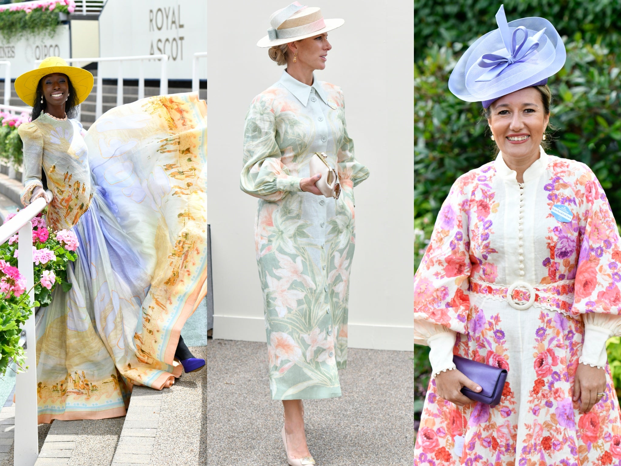 From left to right: Model Eunice Olumide, Zara Tindall, and an unnamed racegoer attend the first day of Royal Ascot on 20 June 2023