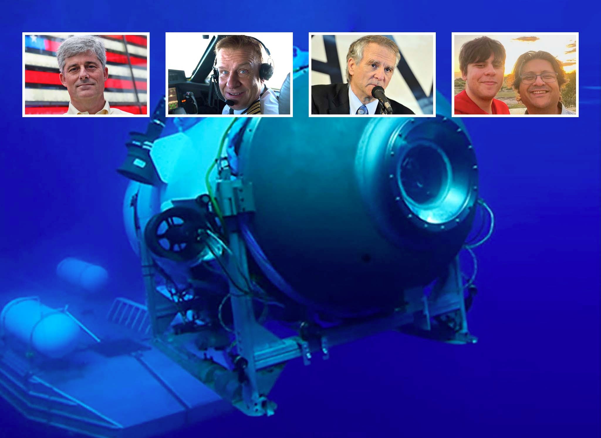 From left to right: Stockton Rush, Hamish Harding, Paul-Henri Nargeolet and Shahzada and Suleman Dawood. The Titan submersible