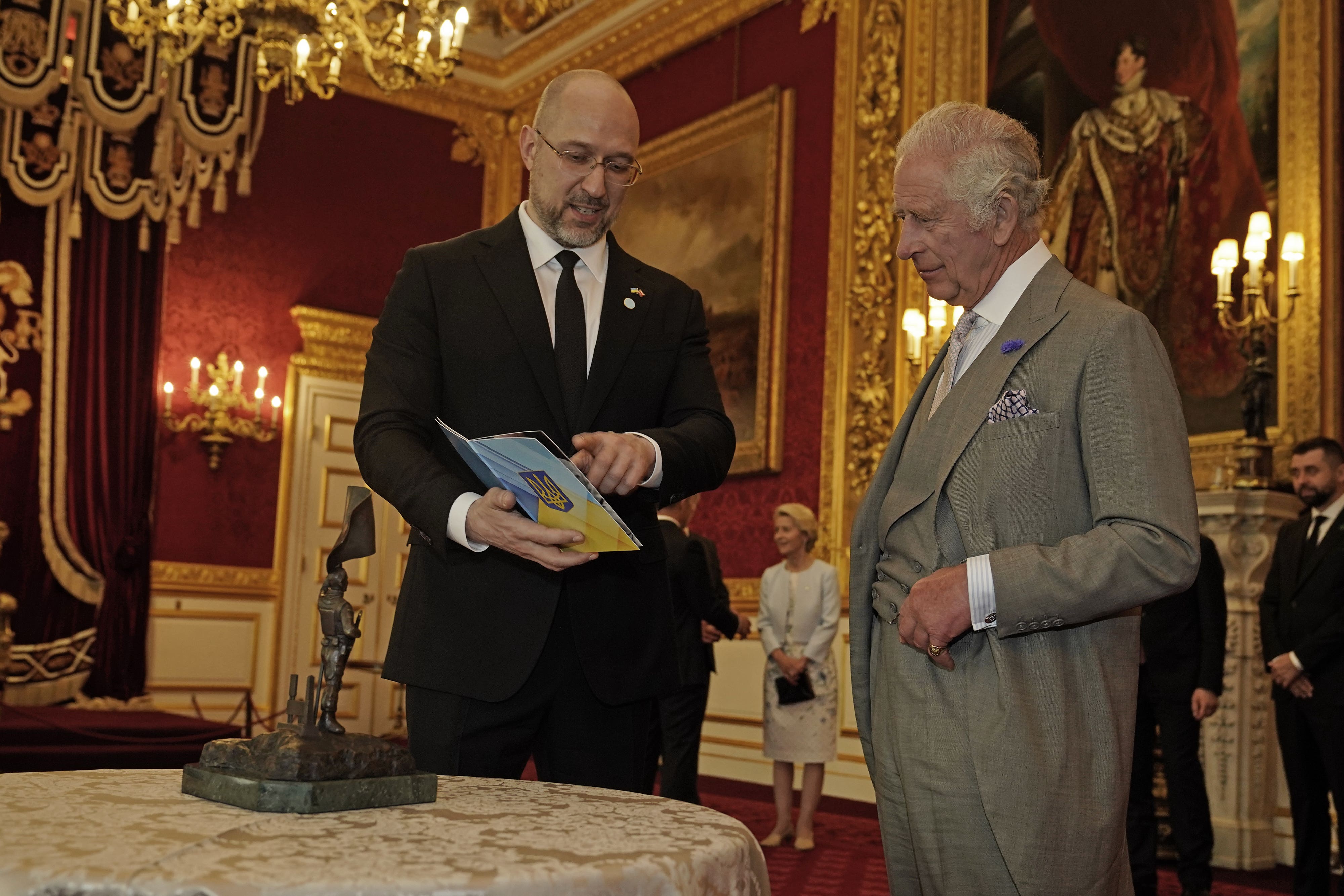 The King and Ukraine PM Denys Shmyhal during a reception at St James Palace (Aaron Chown/PA)