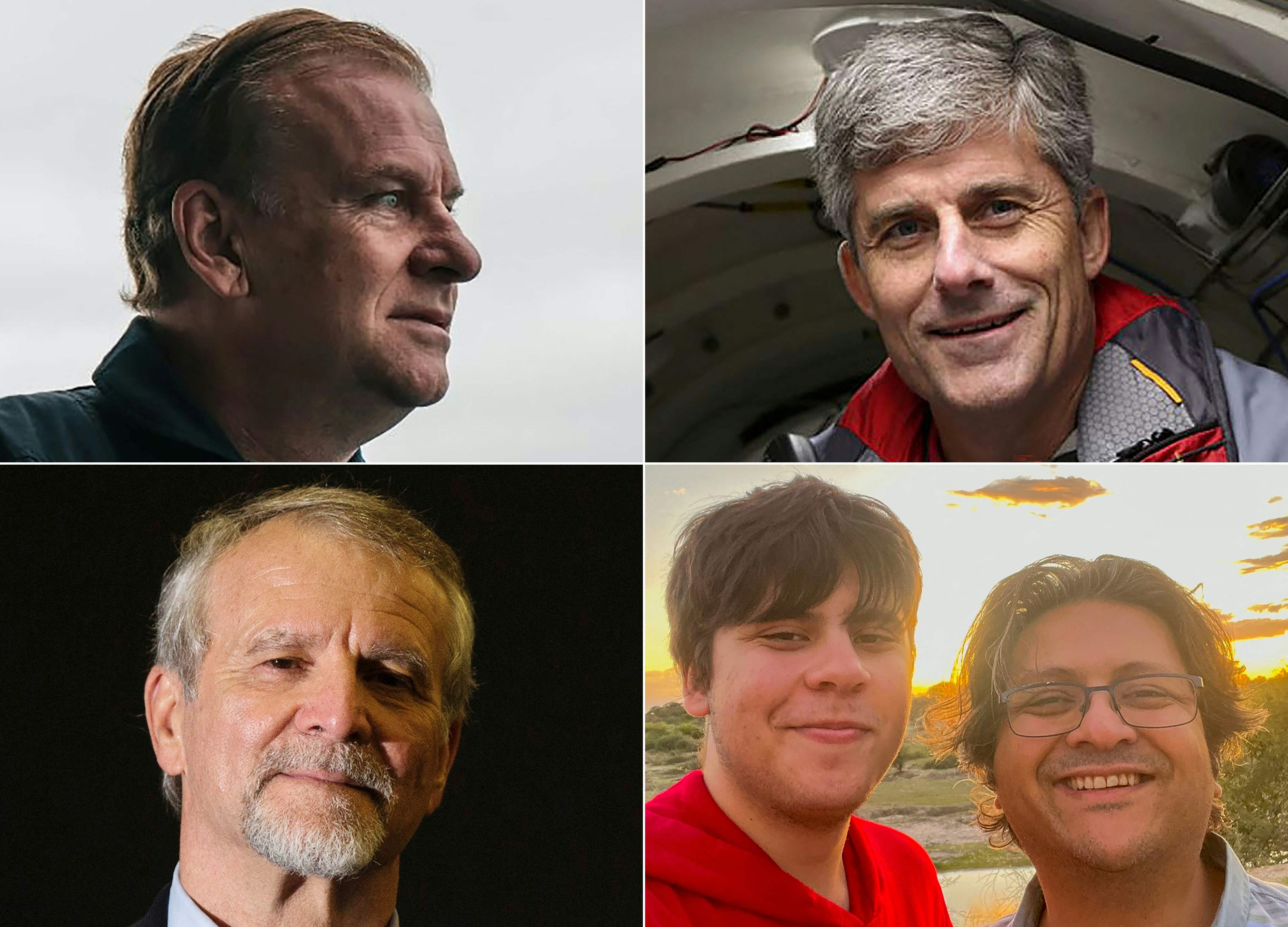 Five people are missing aboard the Titan: Clockwise from top left Hamish Harding, Stockton Rush, Shahzada and Suleman Dawood, and Paul-Henri Nargeolet