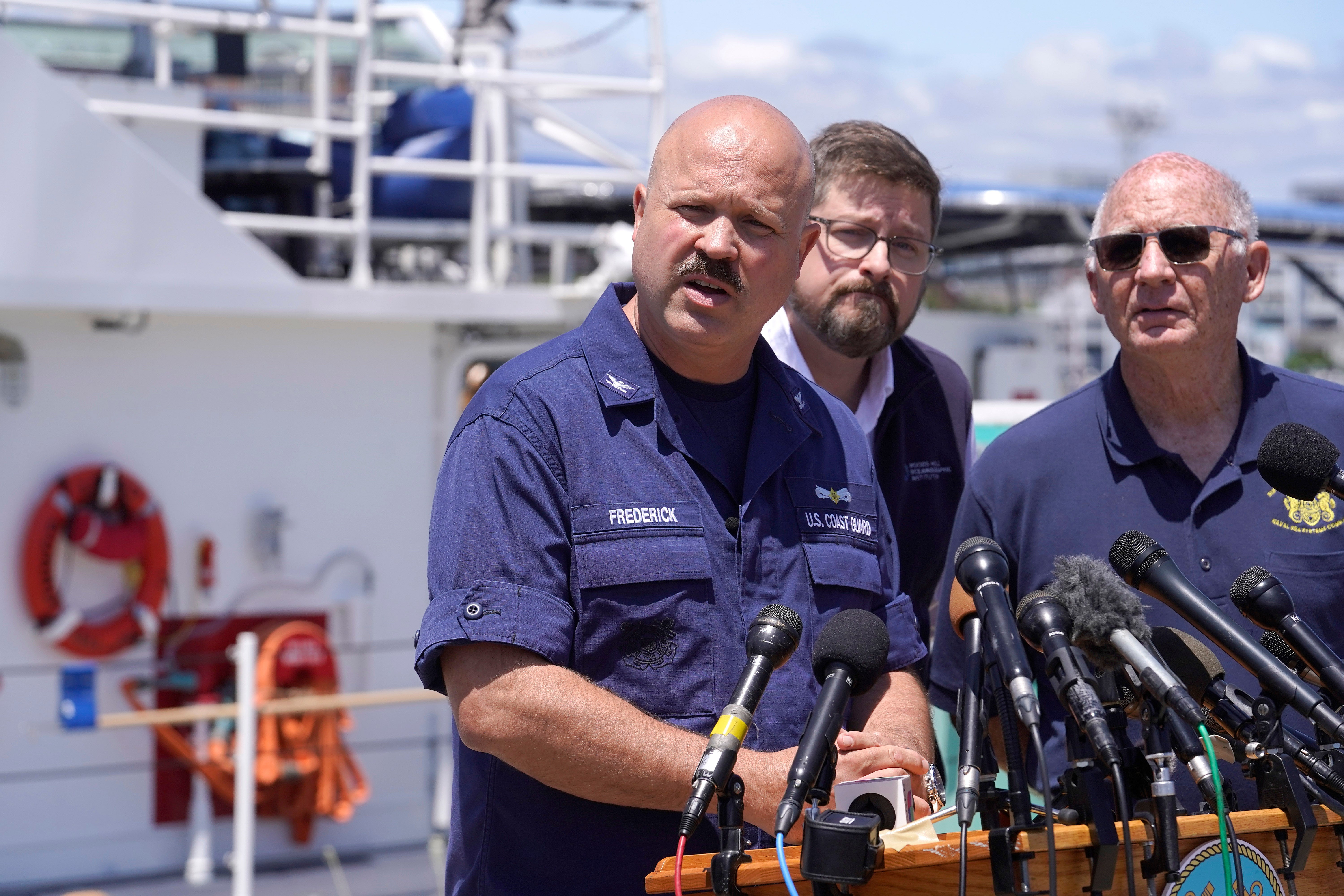 Captain Jamie Frederick addresses the press at Coast Guard Base Boston on June 21, 2023