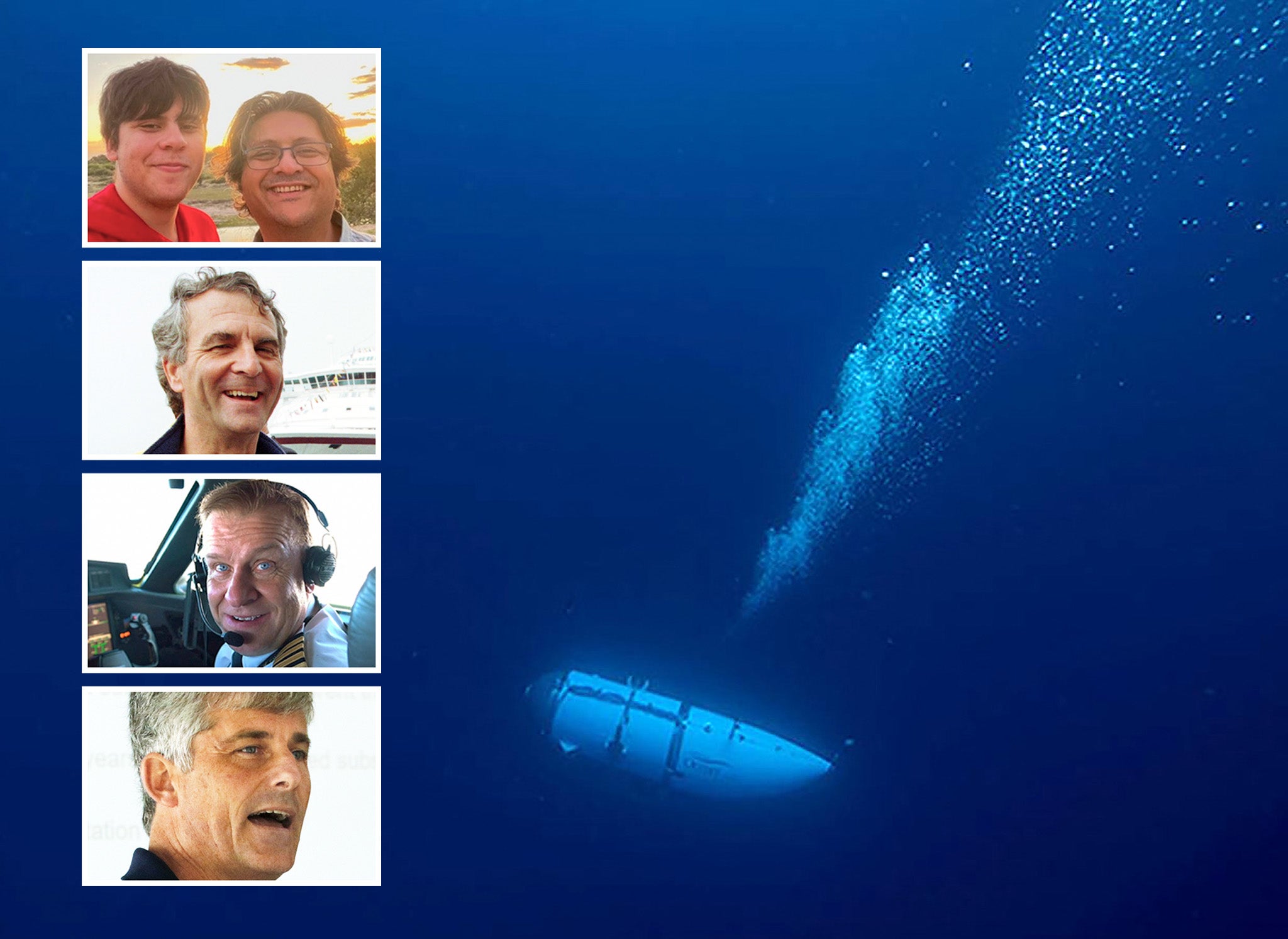 OceanGate’s Titan submersible pictured during a descent, alongside pictures of the five people who died while travelling on the submersible on 18 June, 2023, in the North Atlantic Ocean