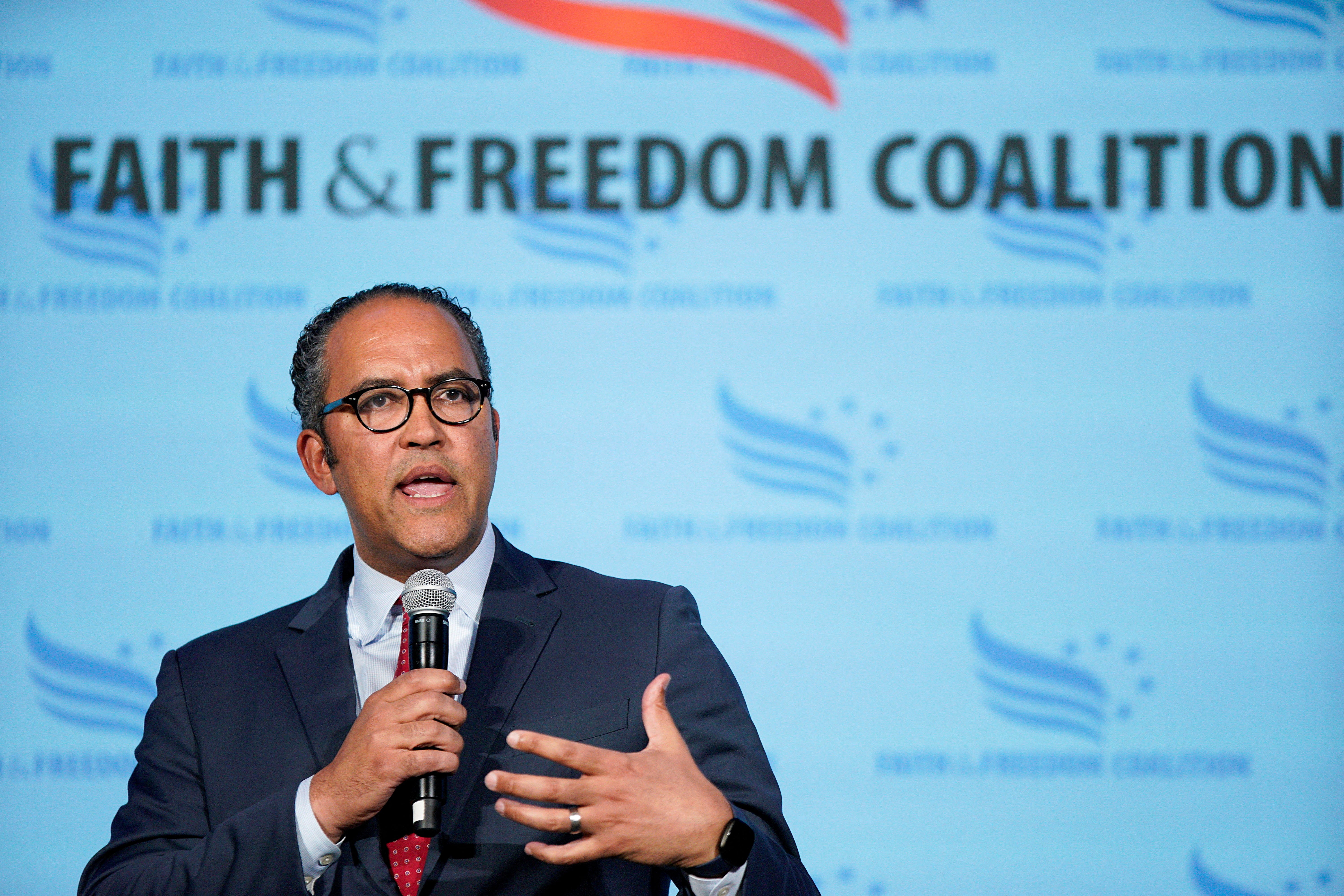 FILE PHOTO: Will Hurd speaks at the Iowa Faith & Freedom Coalition Spring Kick-off in West Des Moines, Iowa, U.S. April 22, 2023. REUTERS/Eduardo Munoz/File Photo