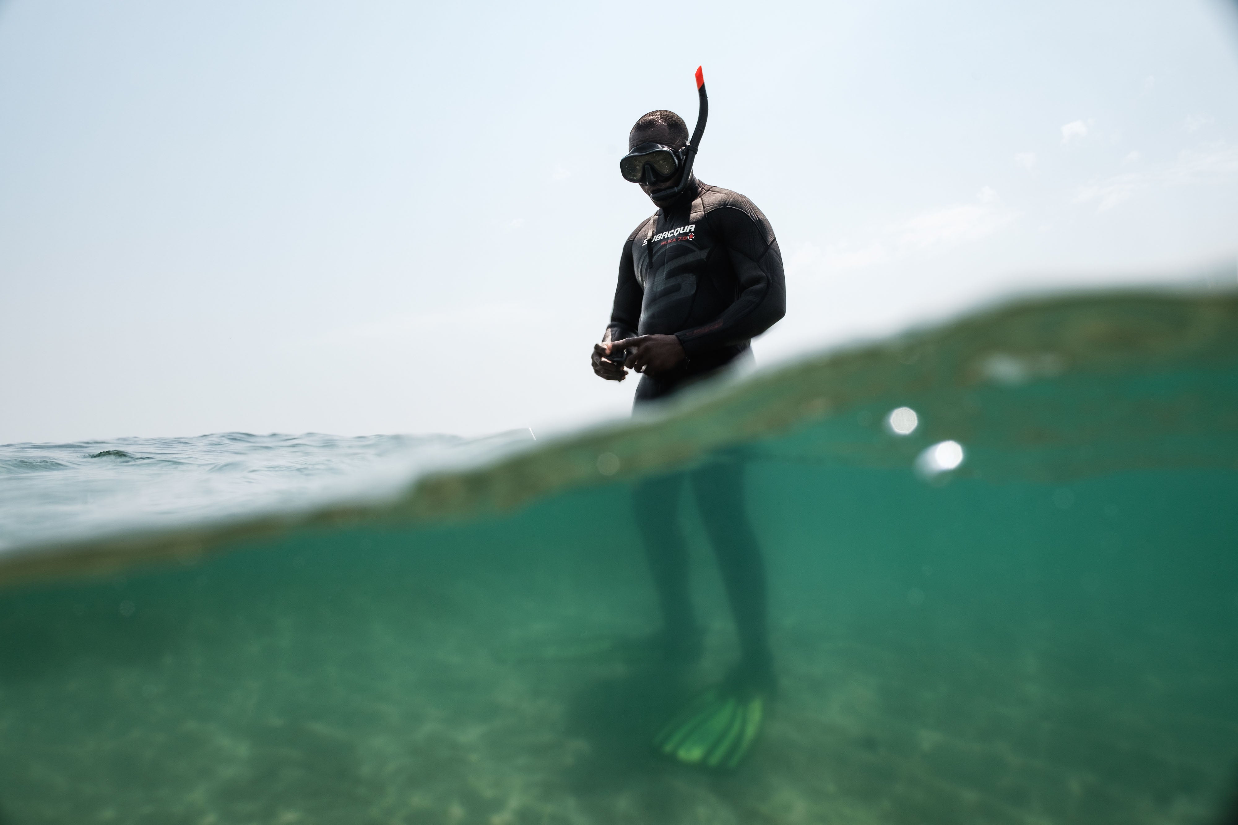 Naval officer Ibrahim Moses Kargbo in his diving gear at a newly discovered area of seagrass off Hoong island in Sierra Leone