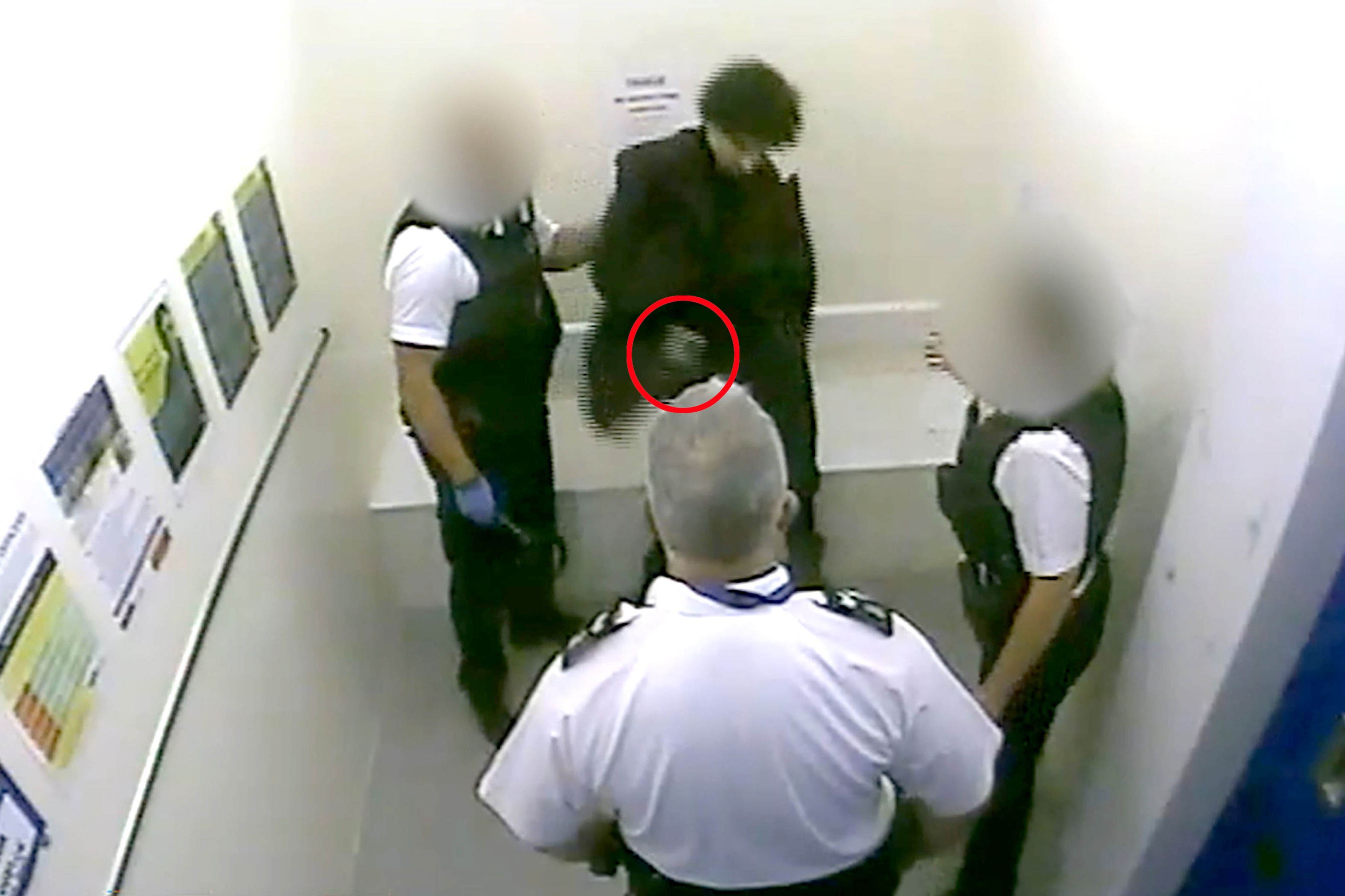 CCTV showed Louis De Zoysa (centre, top) holding an item (circled in red) in his hand, seconds before Sergeant Matt Ratana (centre) was fatally shot (Metropolitan Police/PA)