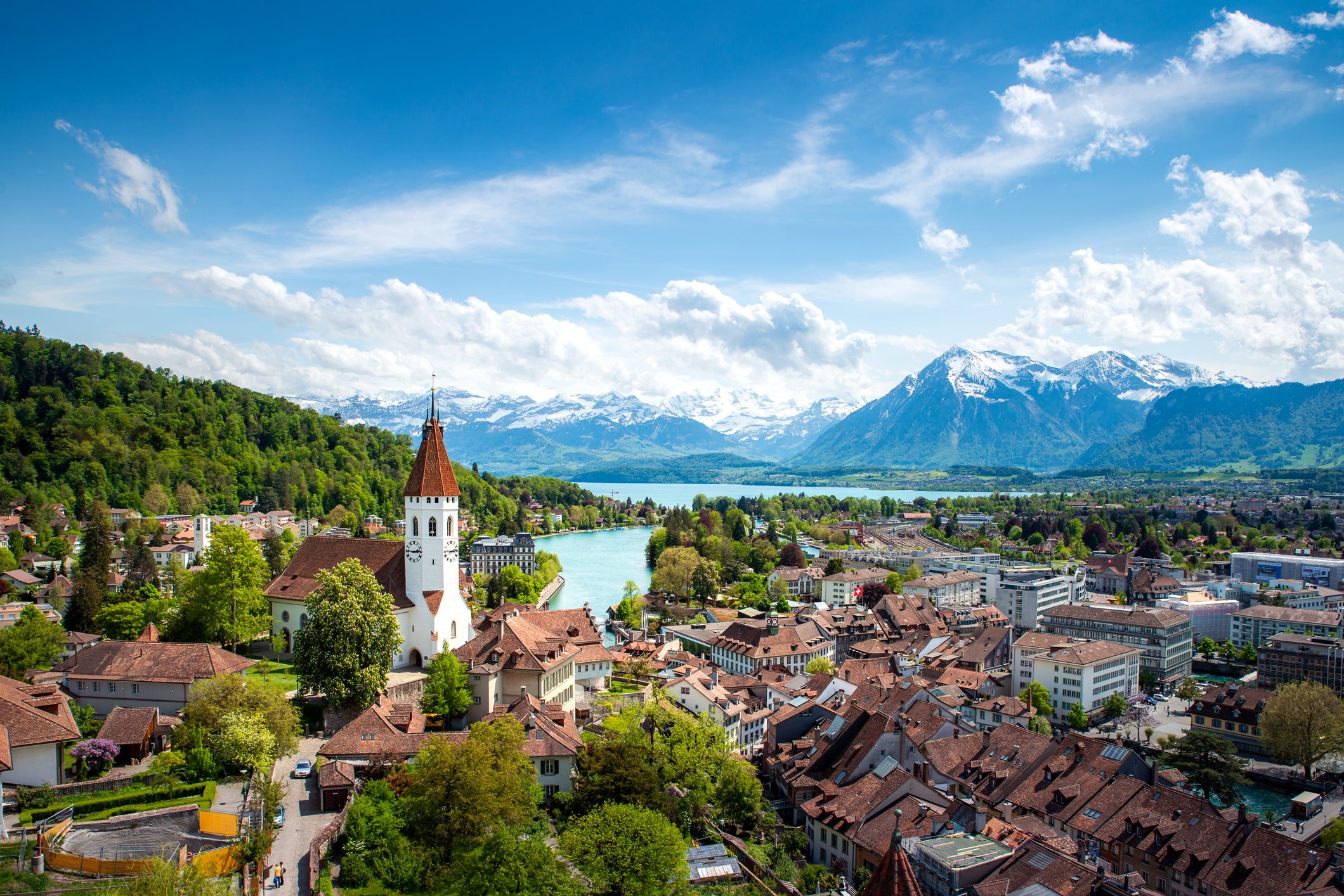 Thun in the canton of Bern surrounded by the Alps and a lake