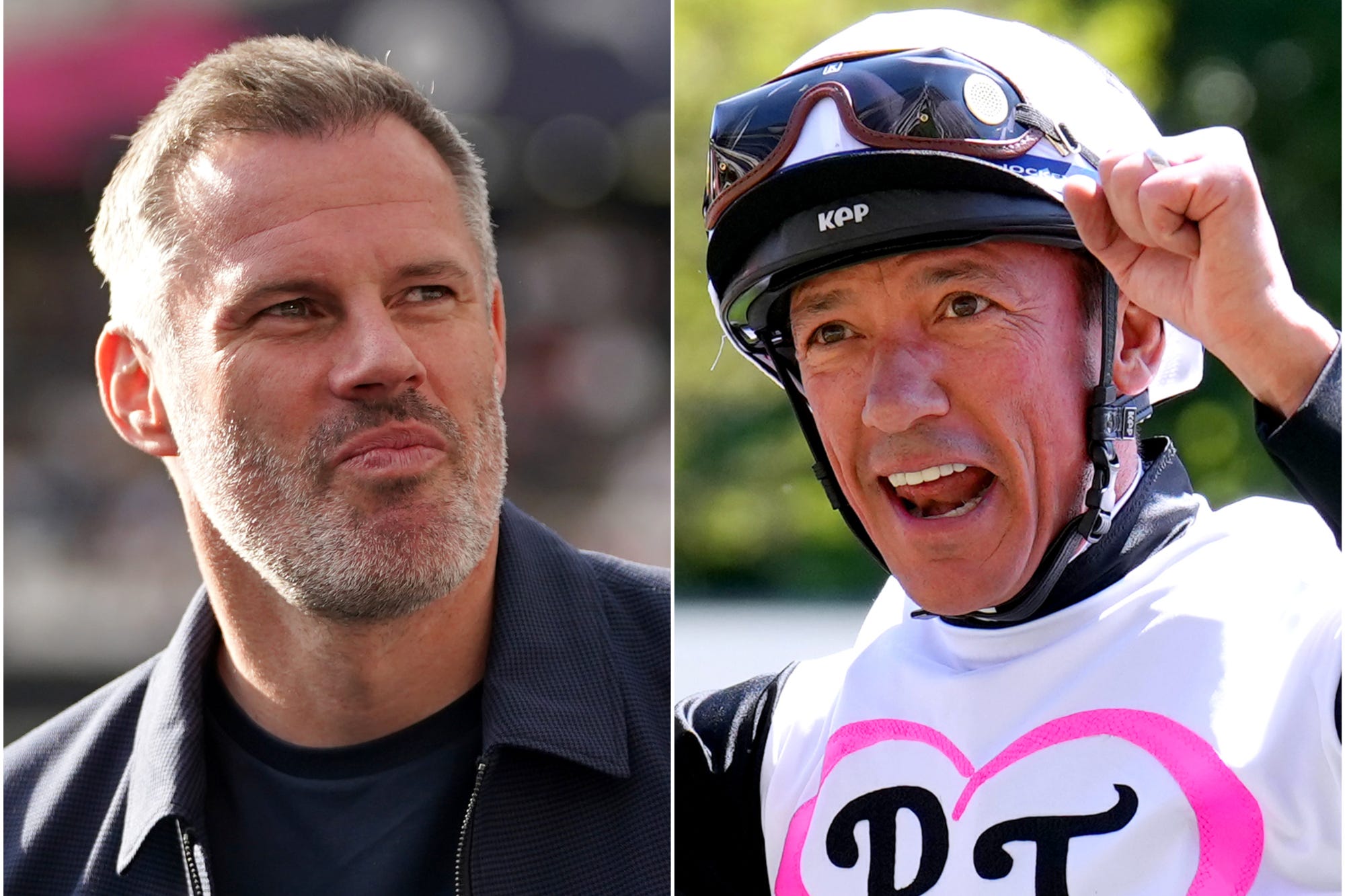 Jamie Carragher, left, and Frankie Dettori were in a musical mood (Zac Goodwin/John Walton/PA)