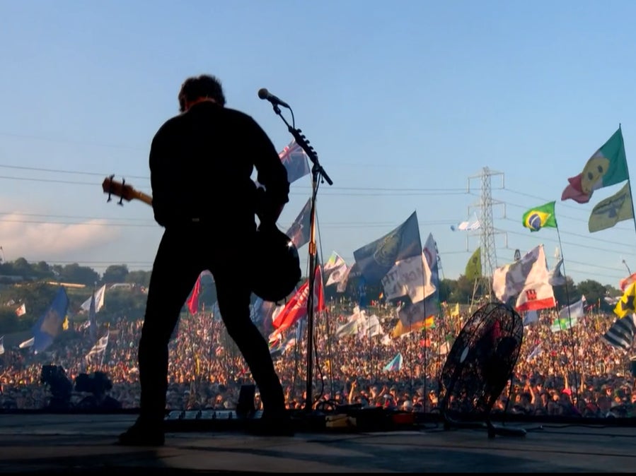 Royal Blood frontman Mike Kerr on the Pyramid Stage at Glastonbury, Friday 23 June 2023