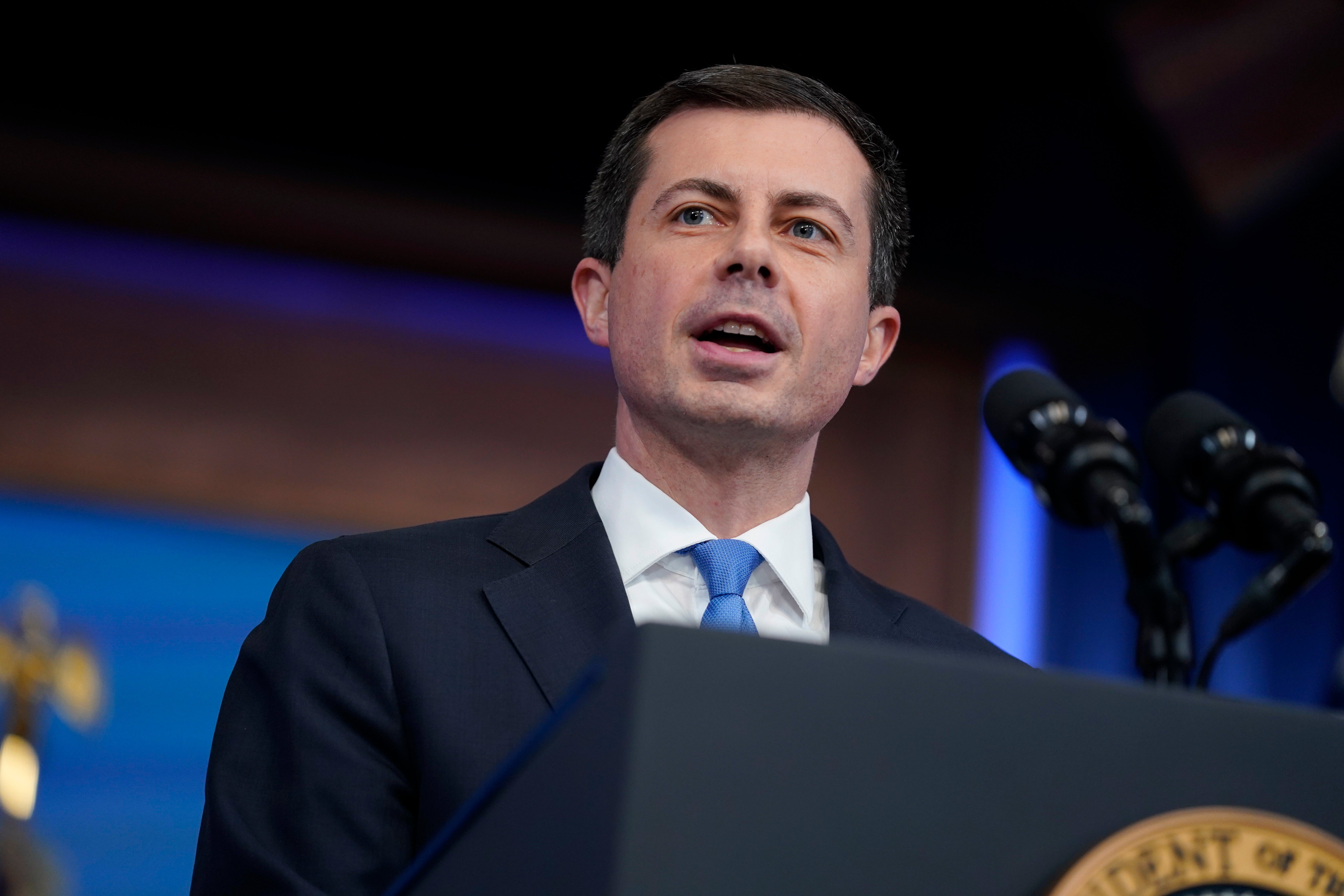 Transportation Secretary Pete Buttigieg speaks about airline flight delays and cancellations in the South Court Auditorium