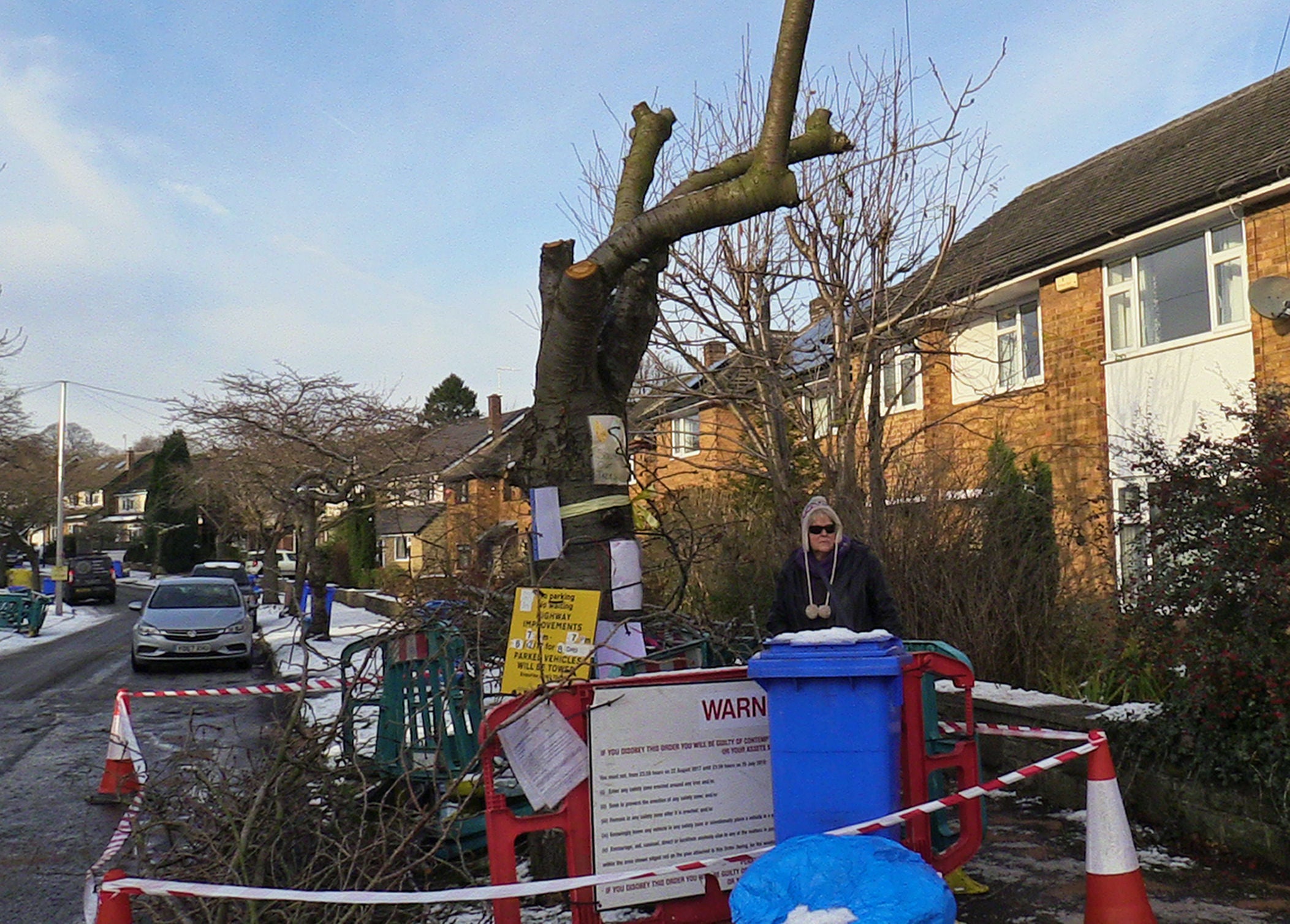 Resident Pamela Hanrahan by a tree that was cut down in Abbeydale Park Rise in Dore, Sheffield, as part of the council’s controversial felling programme