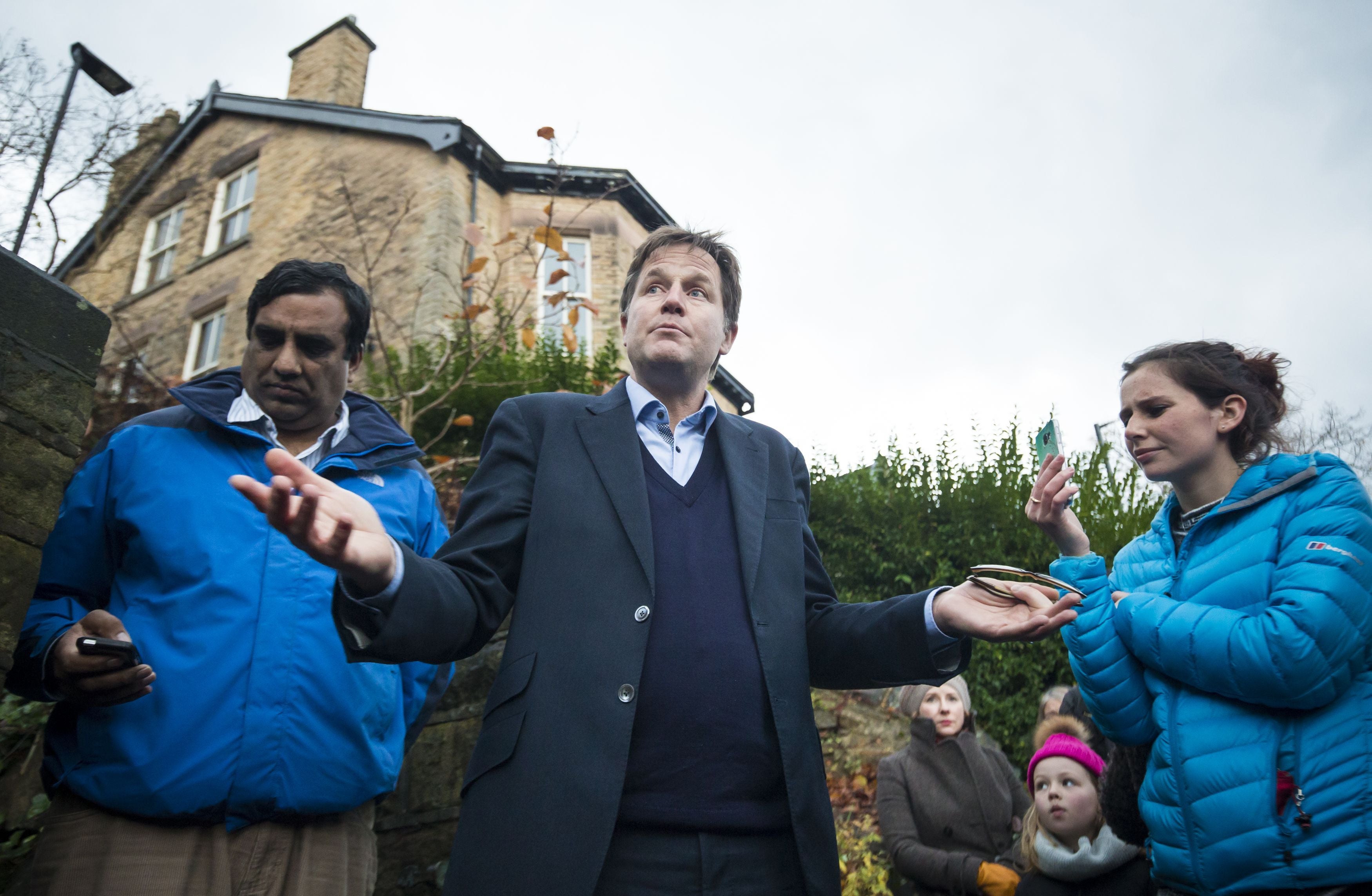 Then Sheffield Hallam Liberal Democrat MP Nick Clegg speaks with members of the public in 2016