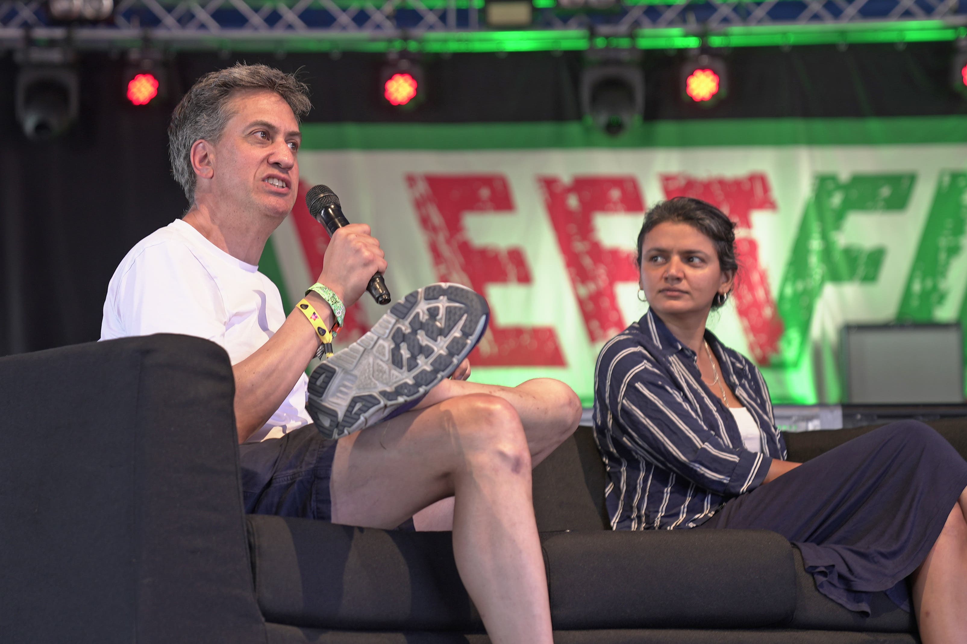 Shadow climate secretary Ed Miliband speaking at Glastonbury Festival on Saturday (Tom Leese/PA)