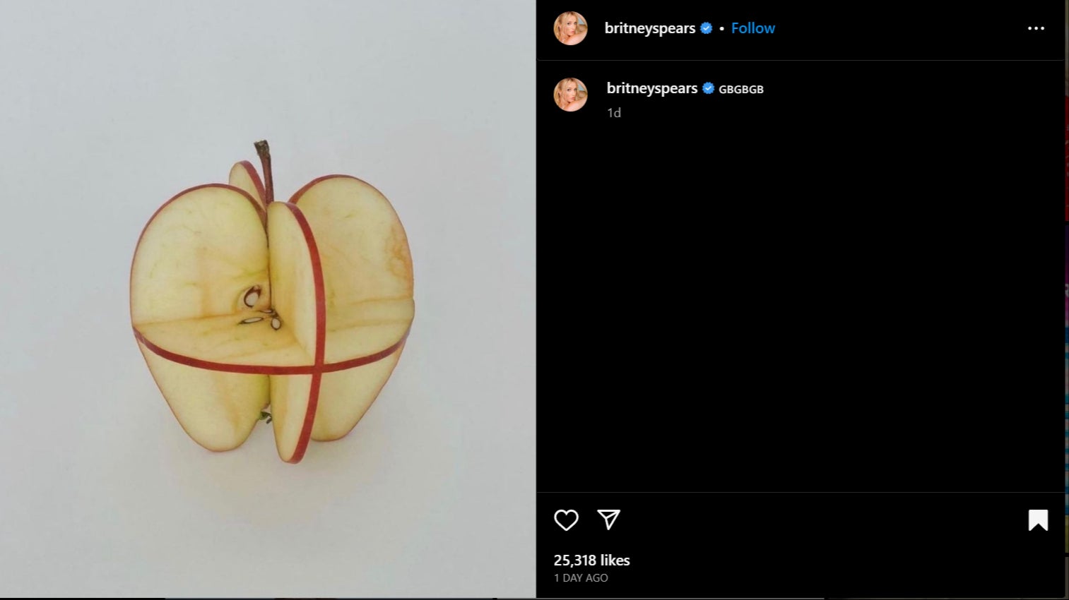 Spears posted what appears to be an apple cut in the shape of St George’s Flag