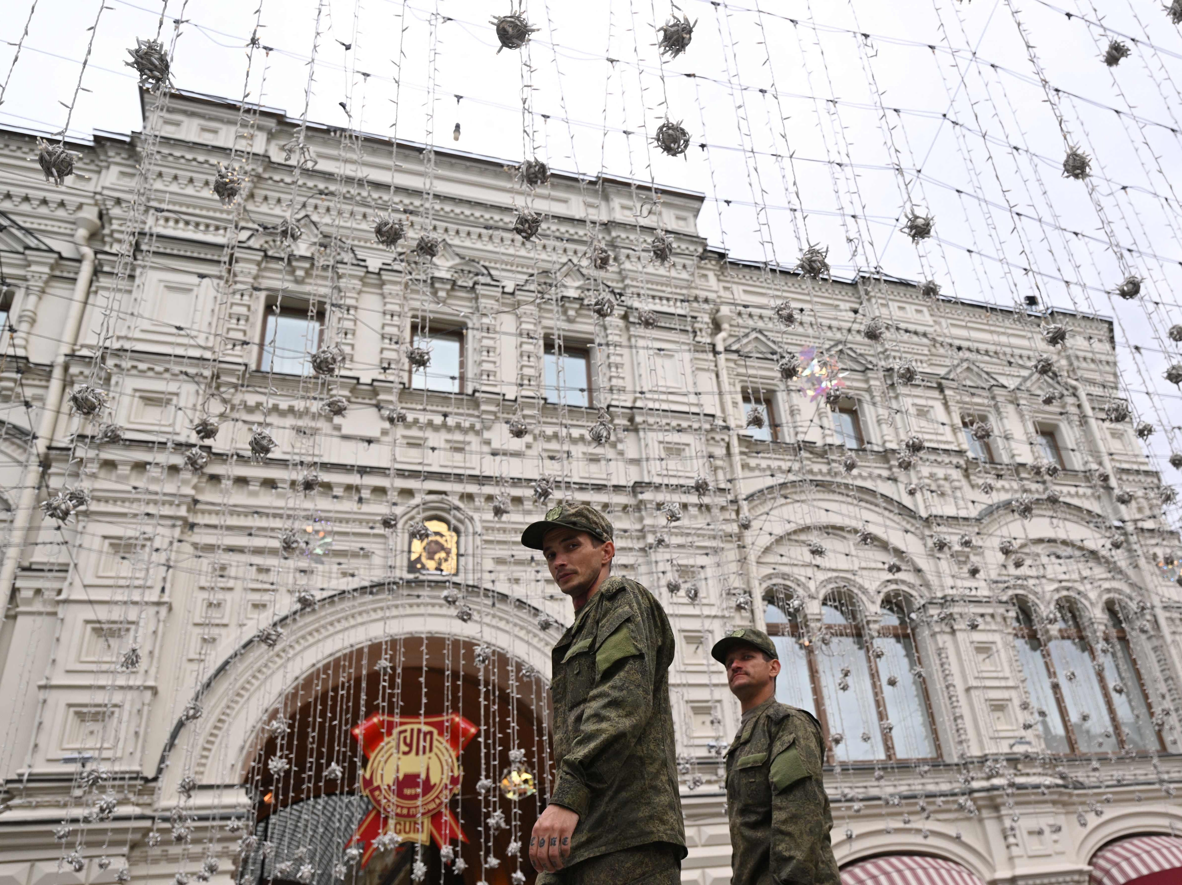 Russian servicemen in central Moscow yesterday