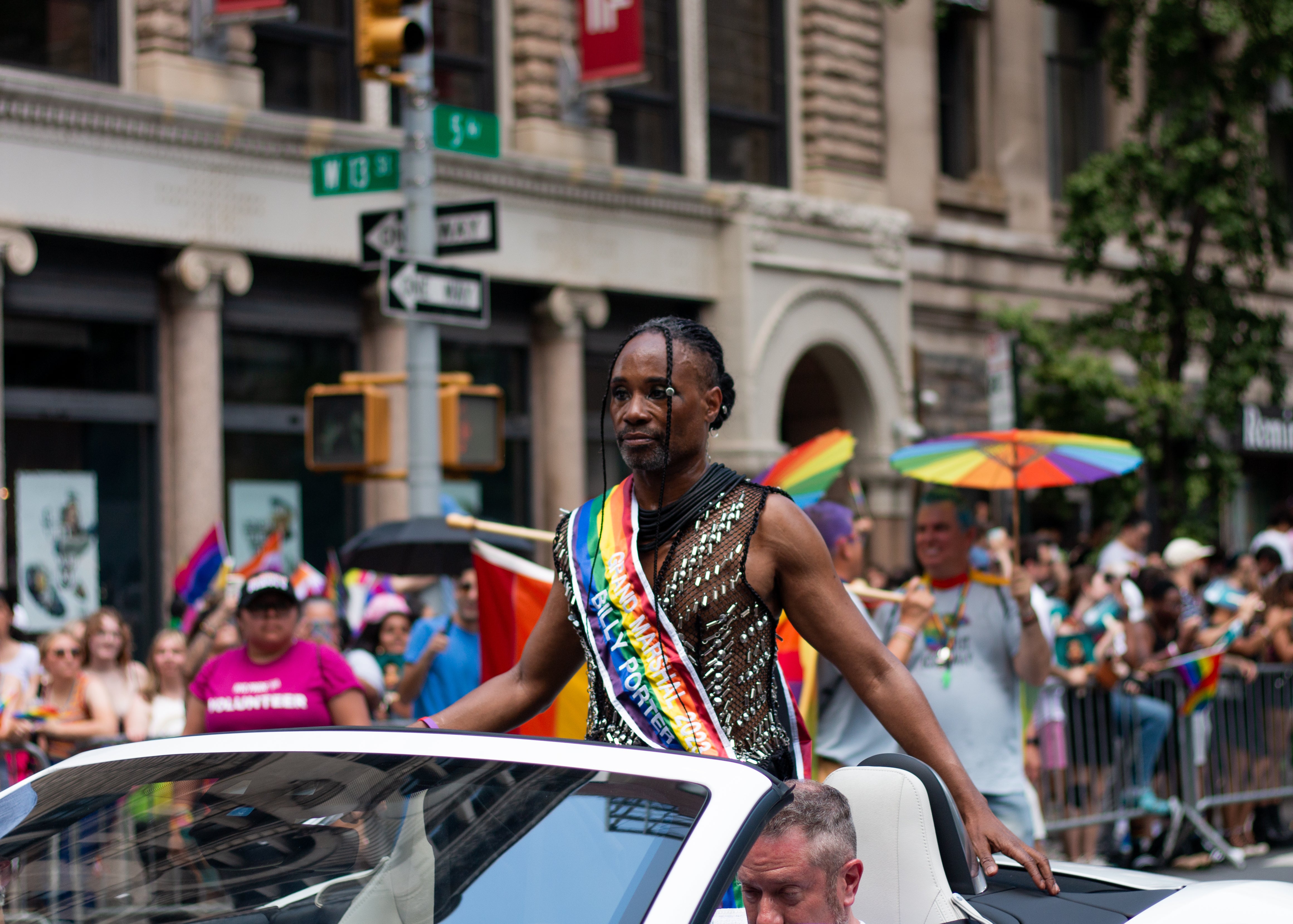 Actor and LGBT+ activist Billy Porter rides in a grand marshal car at New York City’s Pride March on Sunday