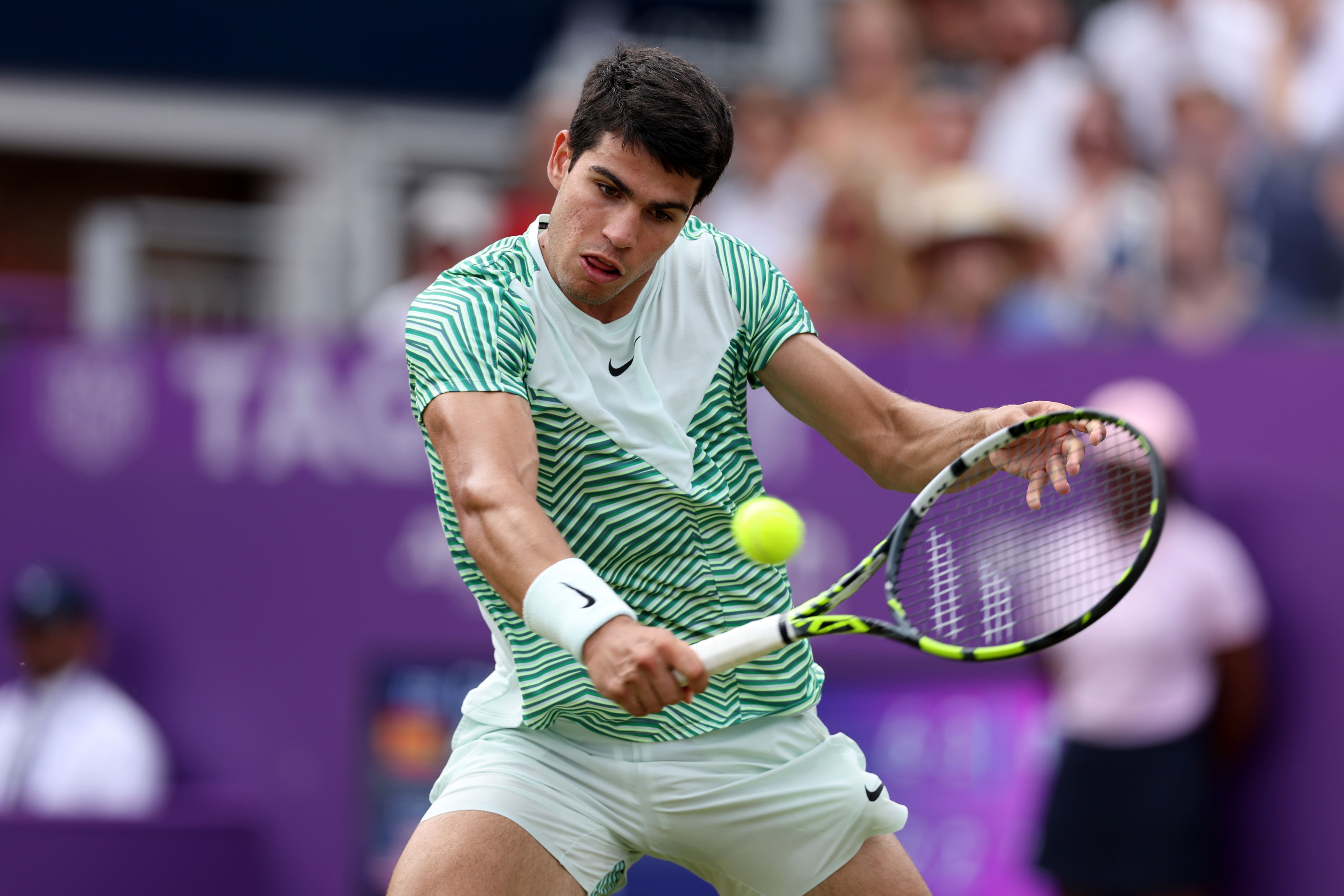 Spain’s Carlos Alcaraz in action during the men’s semi-final at the Championship at Queen’s Club in London (Steven Paston/PA)