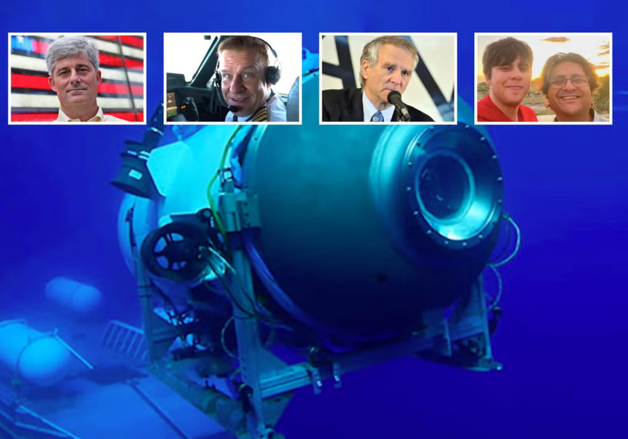 From left to right: Stockton Rush, Hamish Harding, Paul-Henri Nargeolet and Shahzada and Suleman Dawood. The Titan submersible