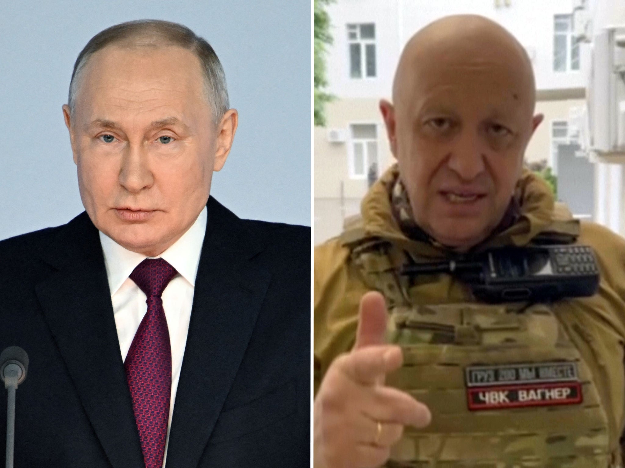 Vladimir Putin, left, and Wagner mercenary chief Yevgeny Prigozhin