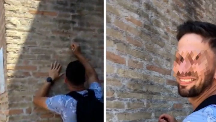 The moment a couple carve their names into the Colosseum in Rome