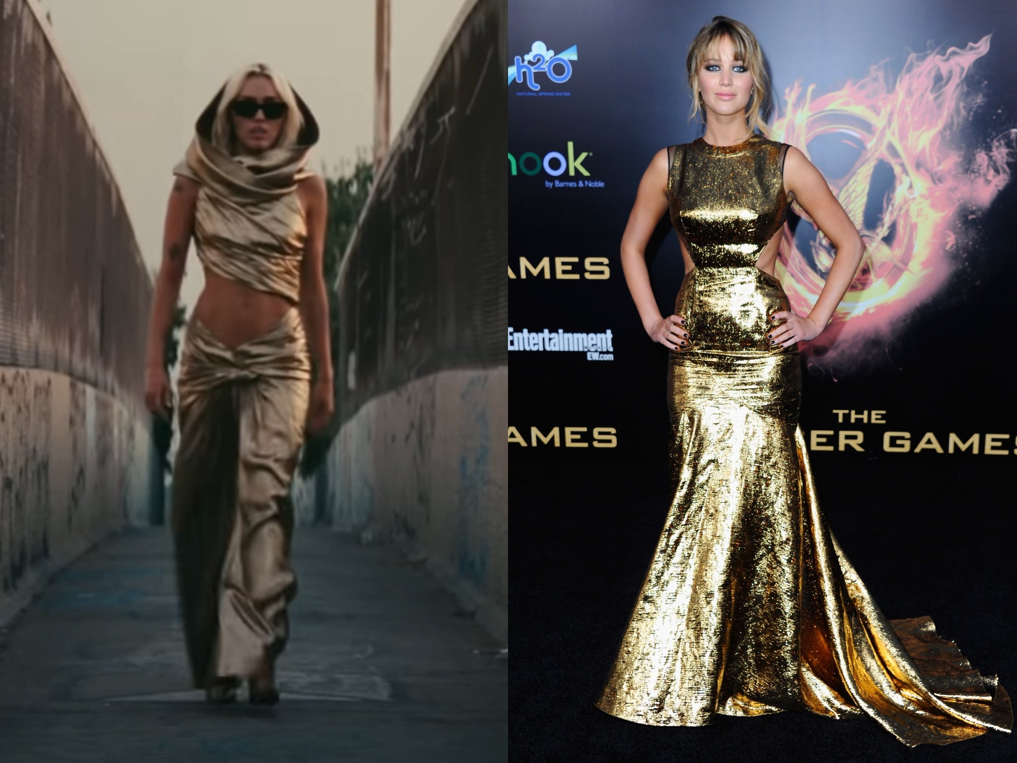 Miley Cyrus wearing a gold dress in the music video for her song “Flowers” that fans believe has a striking similarity to a gown worn by Jennifer Lawrence at the 2012 premiere of The Hunger Games