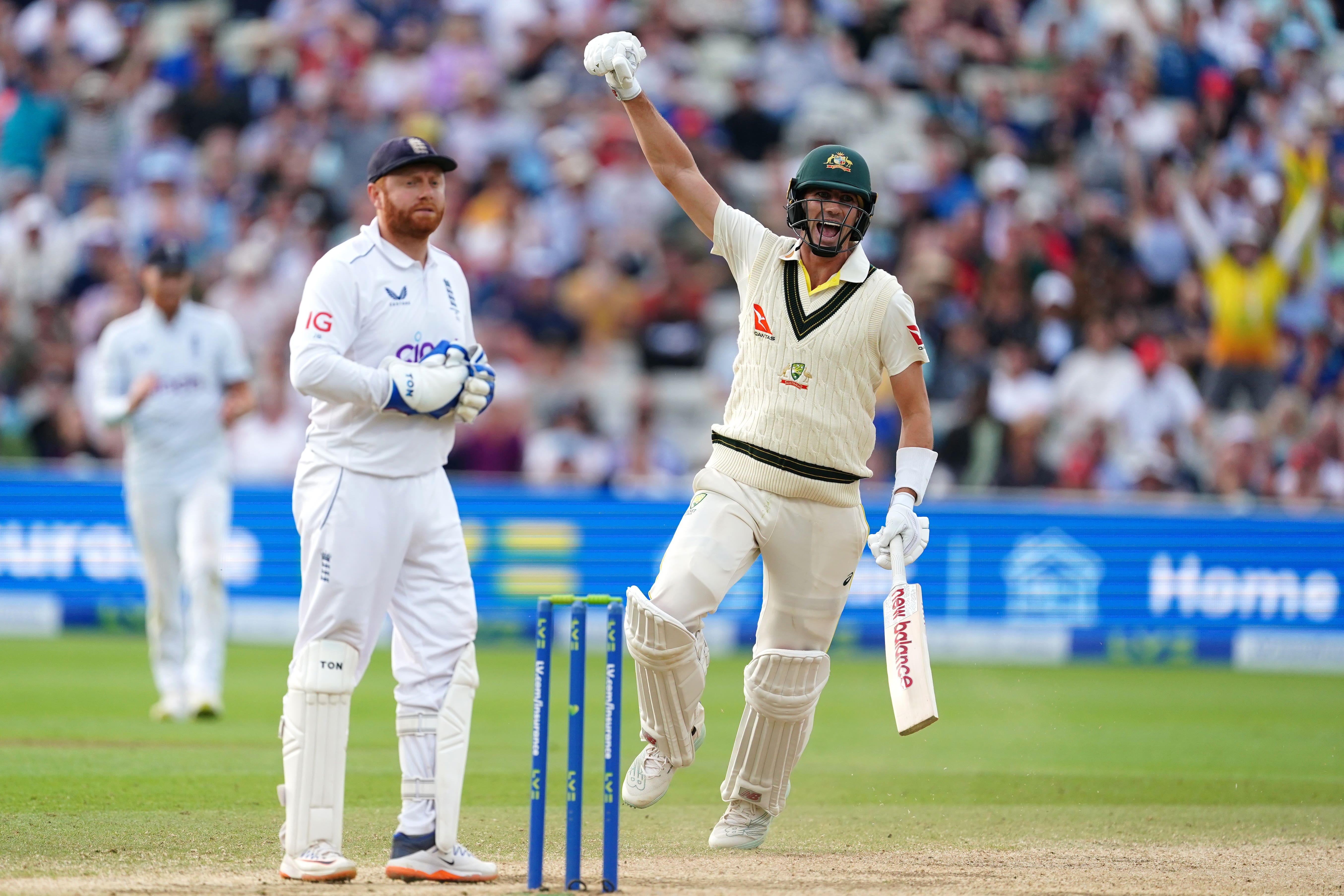 Pat Cummins celebrates victory for Australia at Edgbaston (Mike Egerton/PA)