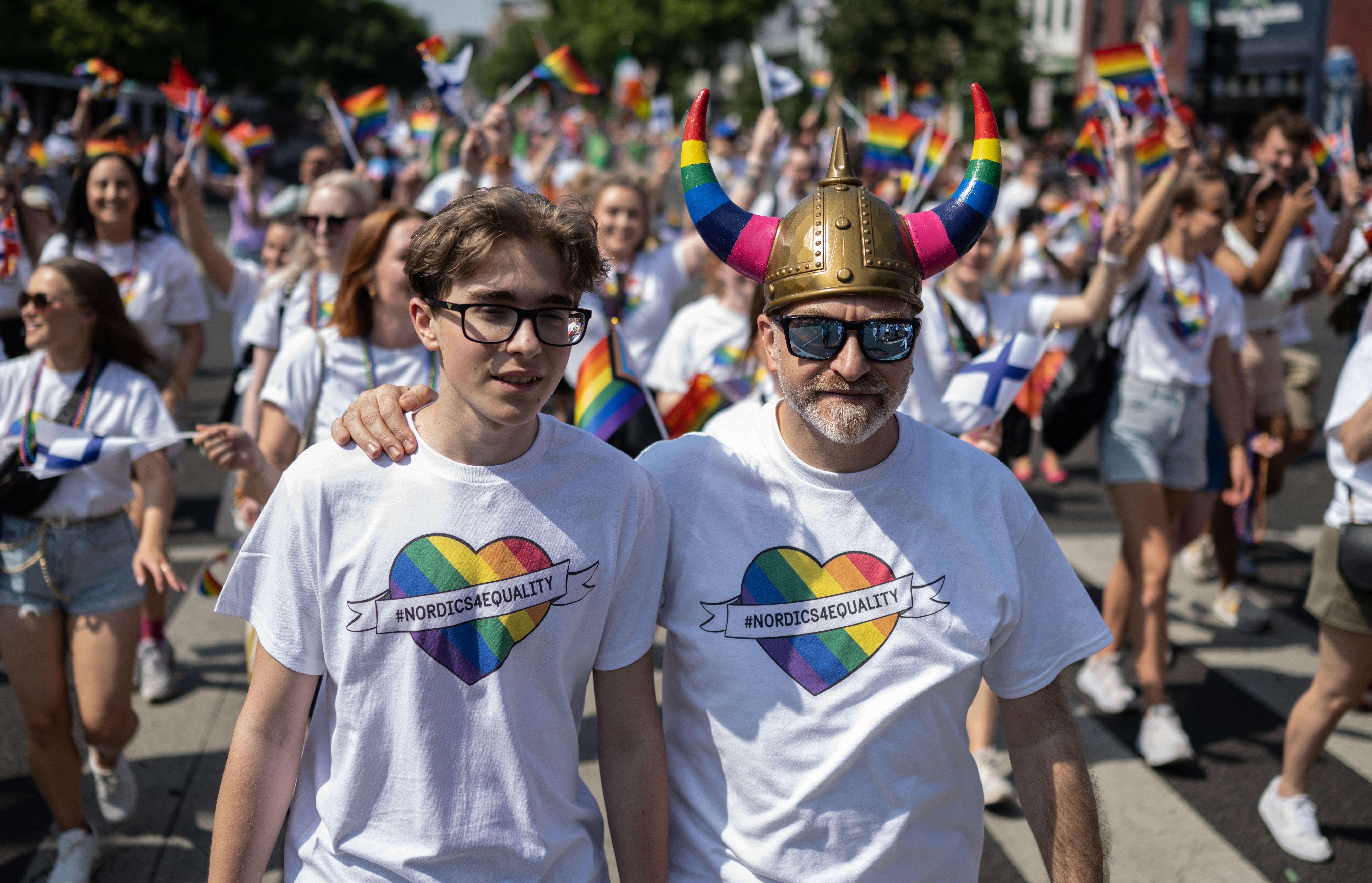 Members from the Scandinavian community march down the road during the Capital Pride Festival in Washington, DC, on June 10, 2023