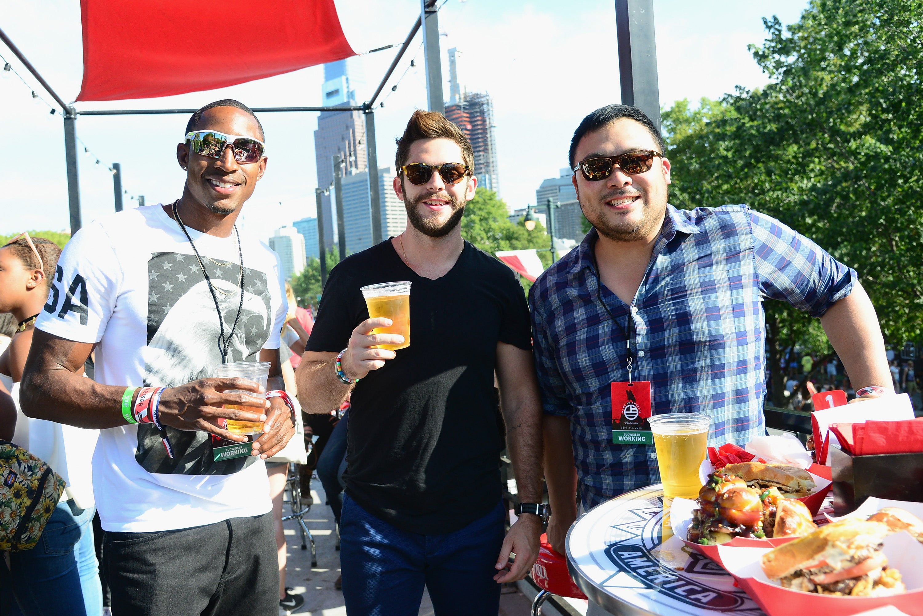 Bud & Burger judges, rugby player Perry Baker, singer Thomas Rhett, and chef David Chang attend the 2016 Budweiser Made in America Festival - Day 2 at Benjamin Franklin Parkway on September 4, 2016