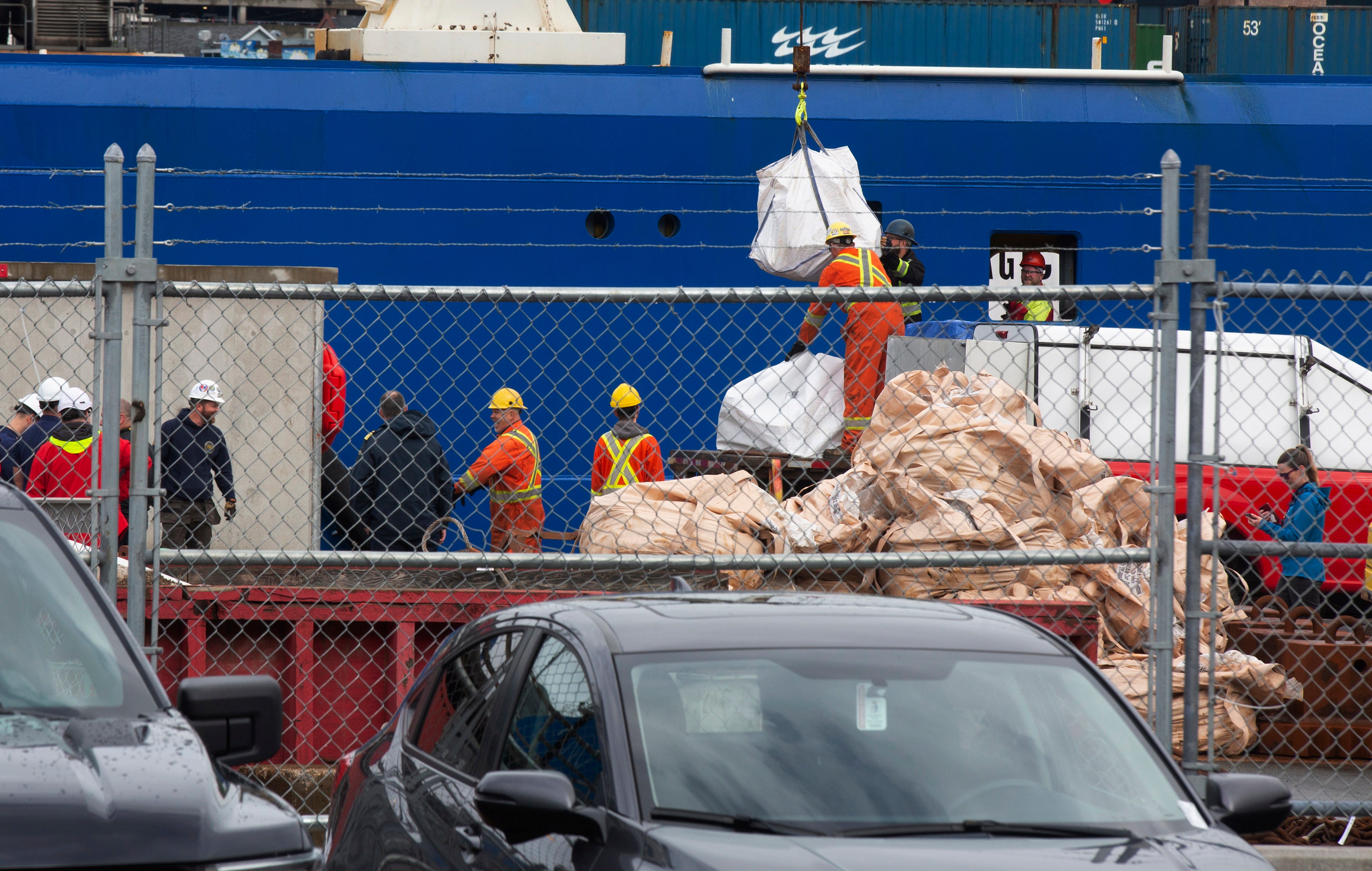 Debris from the Titan submersible, recovered from the ocean floor near the wreck of the Titanic, is unloaded at a pier in St John’s in Newfoundland, Canada