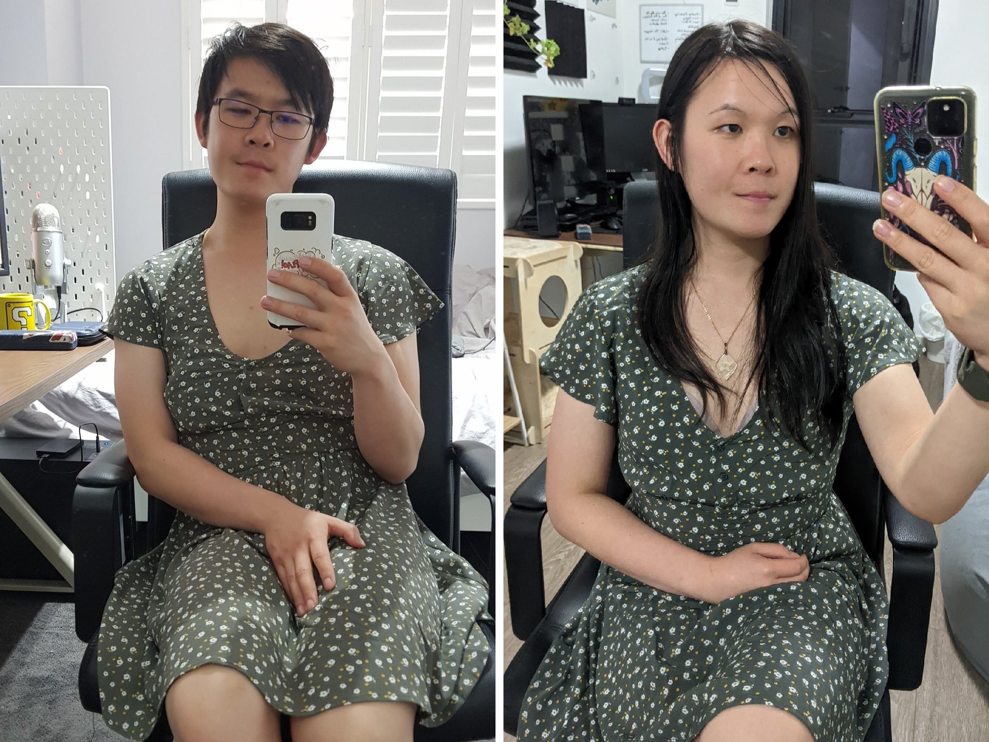 On the left, Jasmine Yang in her empty office in April 2020. On the right, Yang celebrating her second year on estrogen by restaging the same selfie