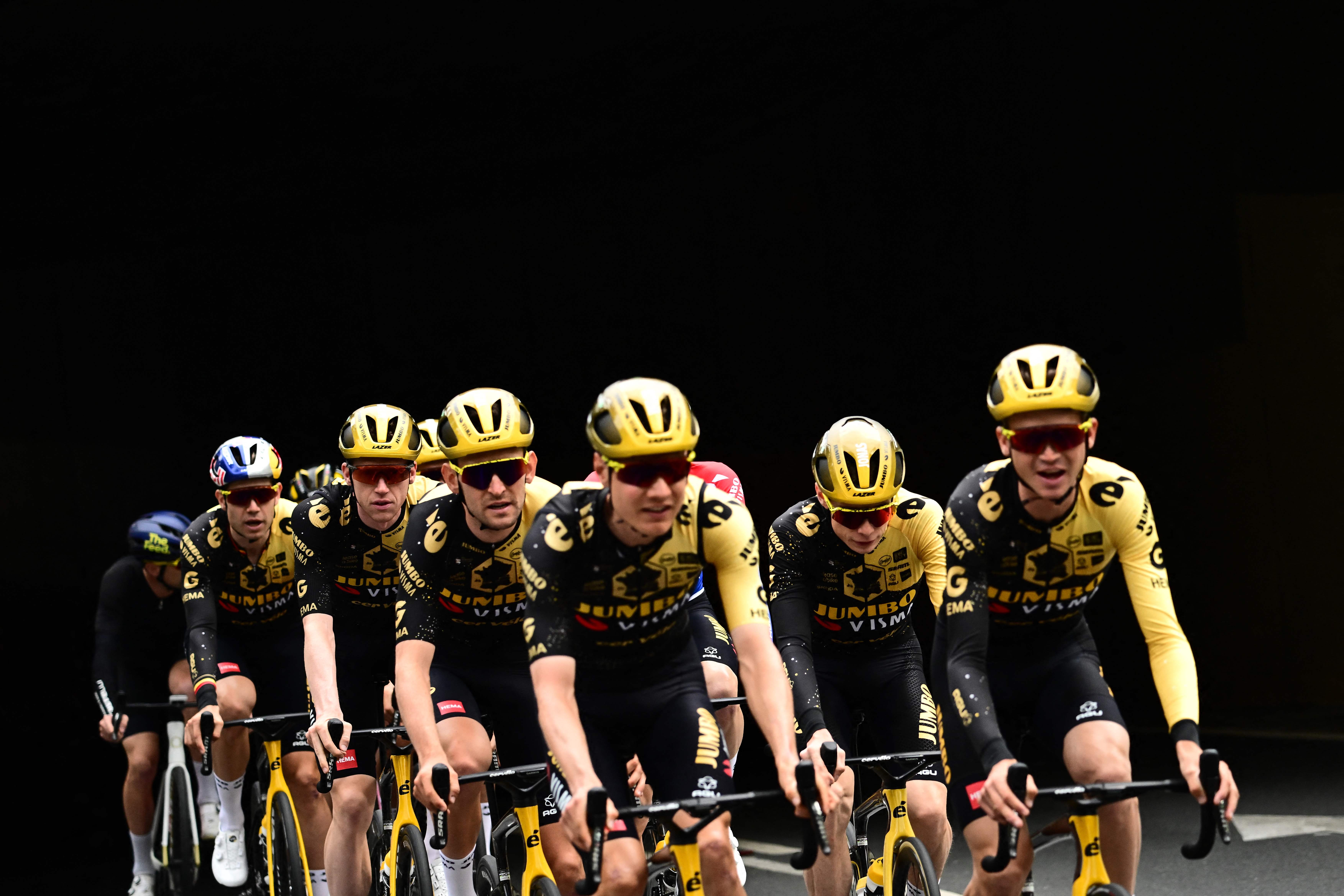 Jumbo-Visma’s riders take part in a team training session two days prior to the start of the Tour de France, in Bilbao