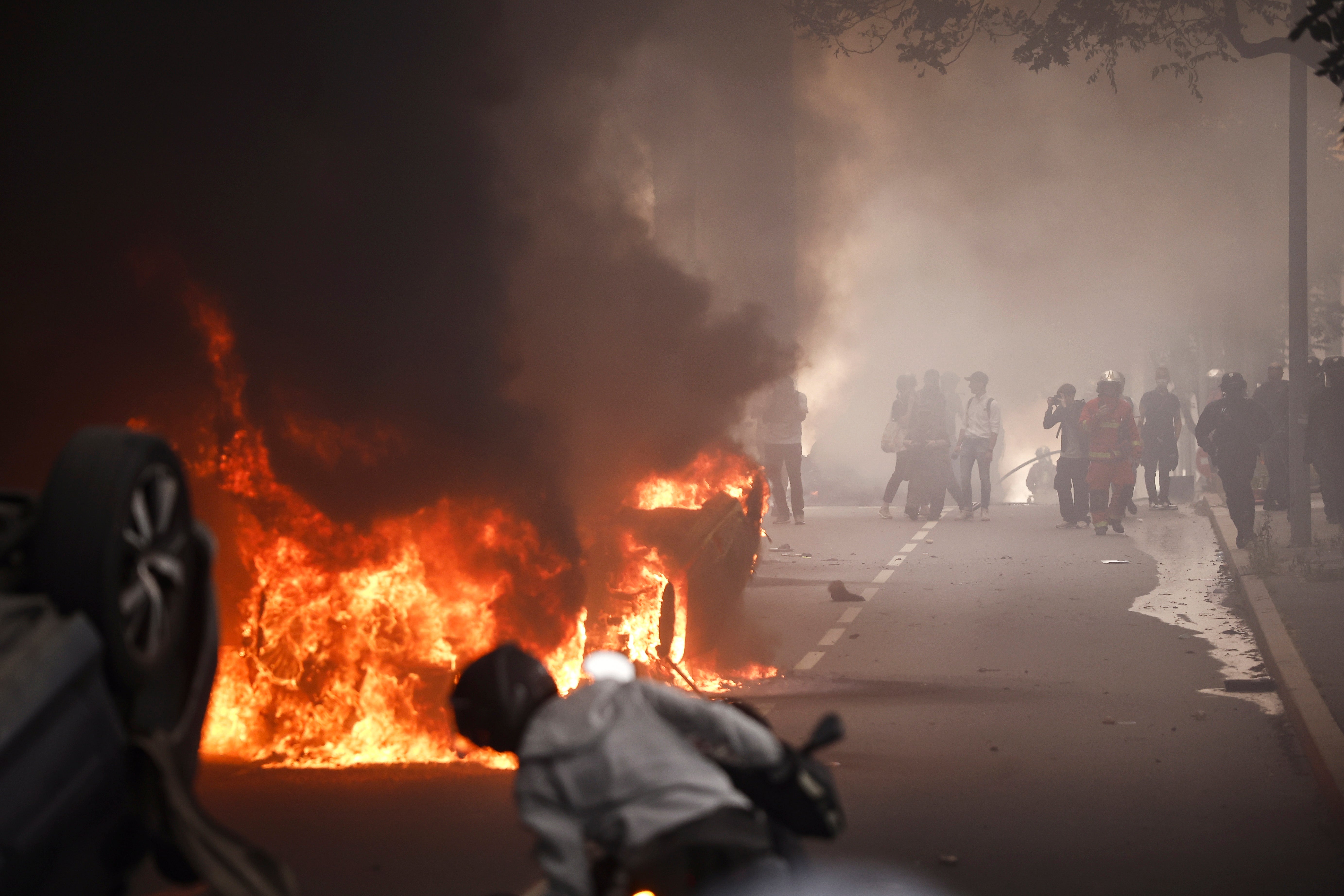 A fire burns in the Paris suburb of Nanterre