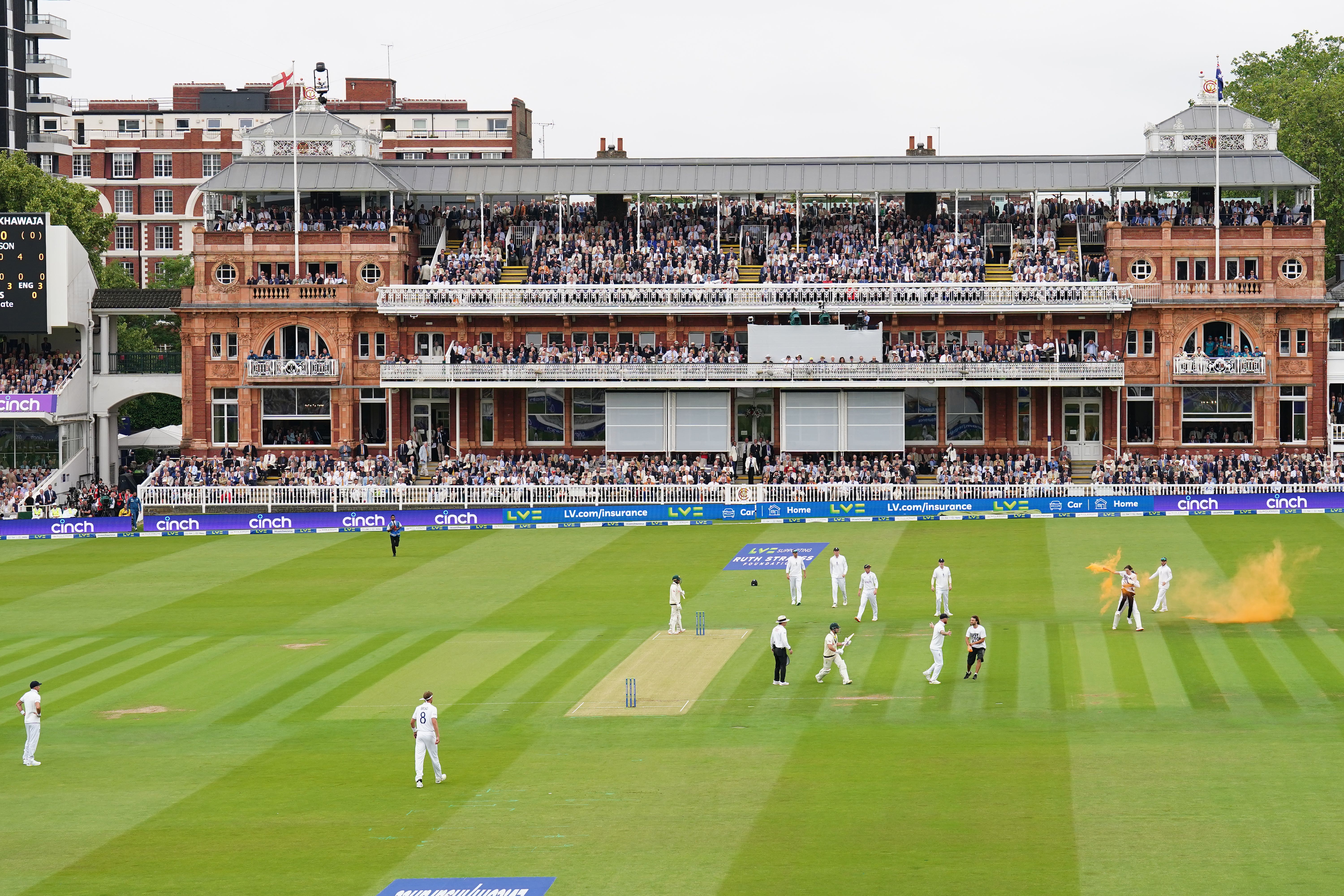 Just Stop Oil protesters on the field during day one of the second Ashes Test match (Mike Egerton/PA)