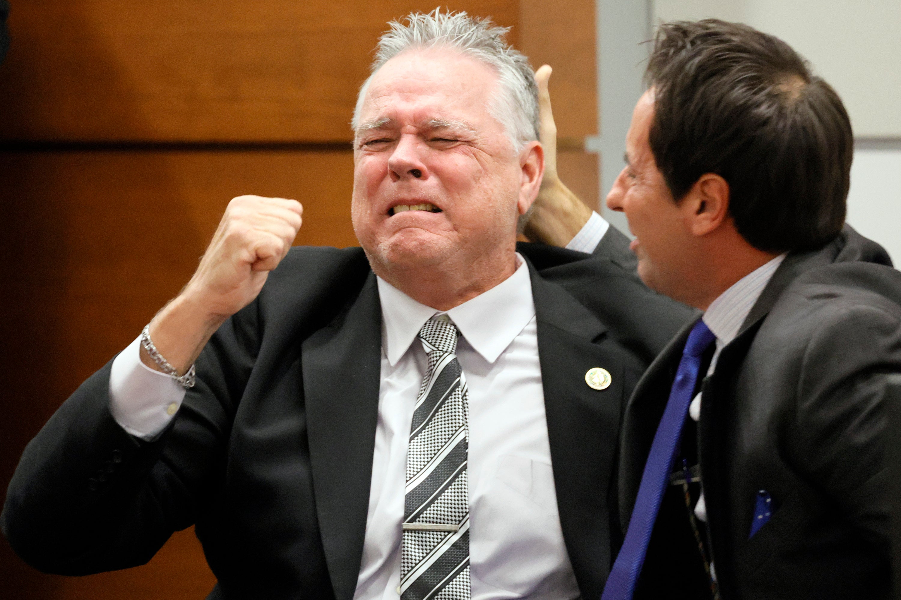 Former Marjory Stoneman Douglas High School School Resource Officer Scot Peterson reacts as he is found not guilty on all charges at the Broward County Courthouse in Fort Lauderdale, Fla., on Thursday, June 29, 2023