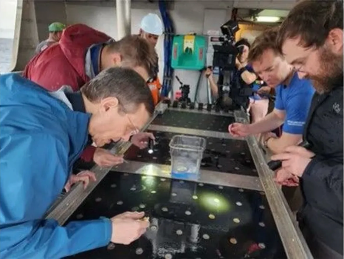 Loeb and the research team on the Silver Star examine ‘spherules’ recovered from the bottom of the Pacific Ocean