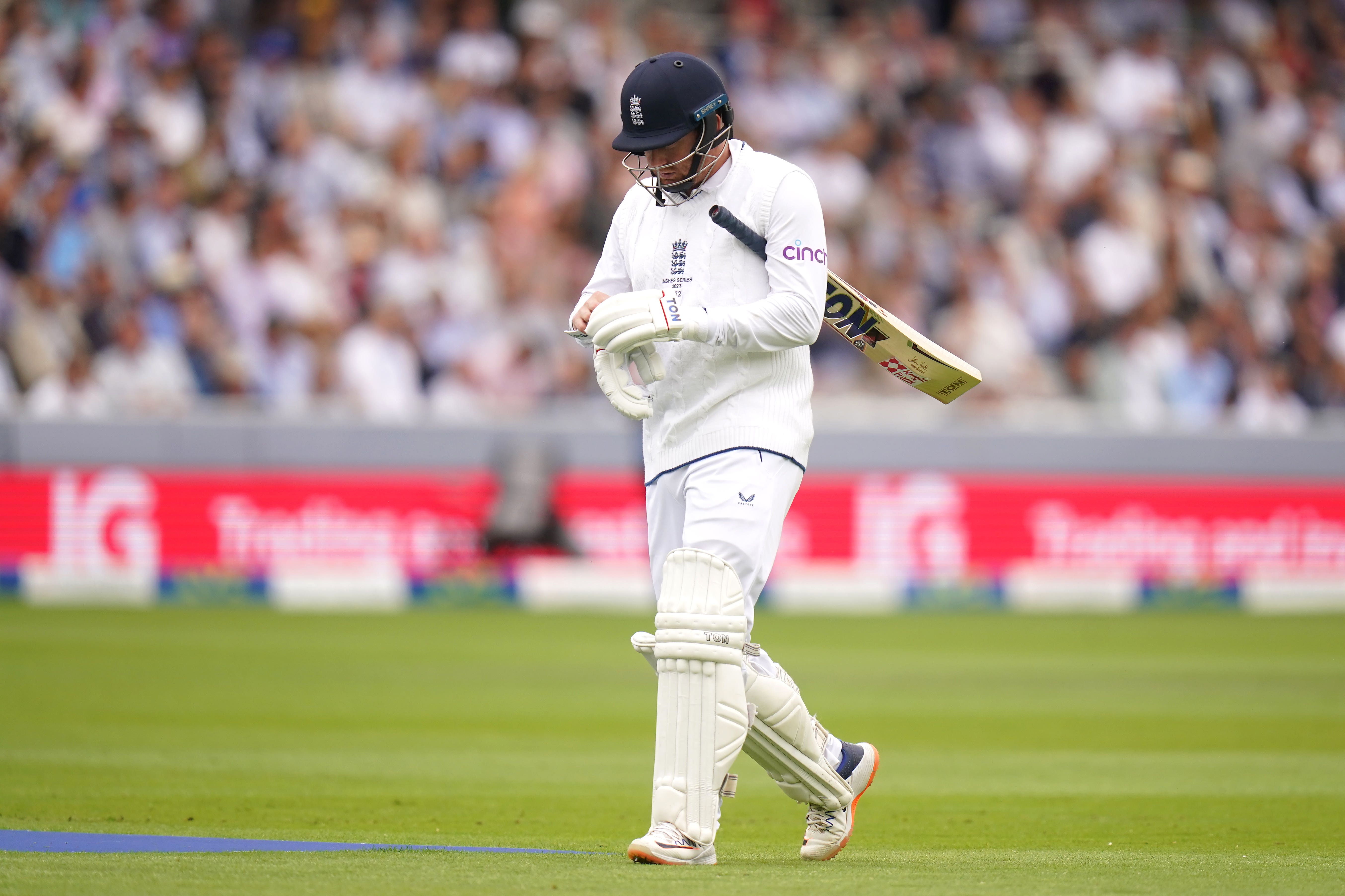 England’s Jonny Bairstow walks off after his dismissal (Adam Davy/PA).