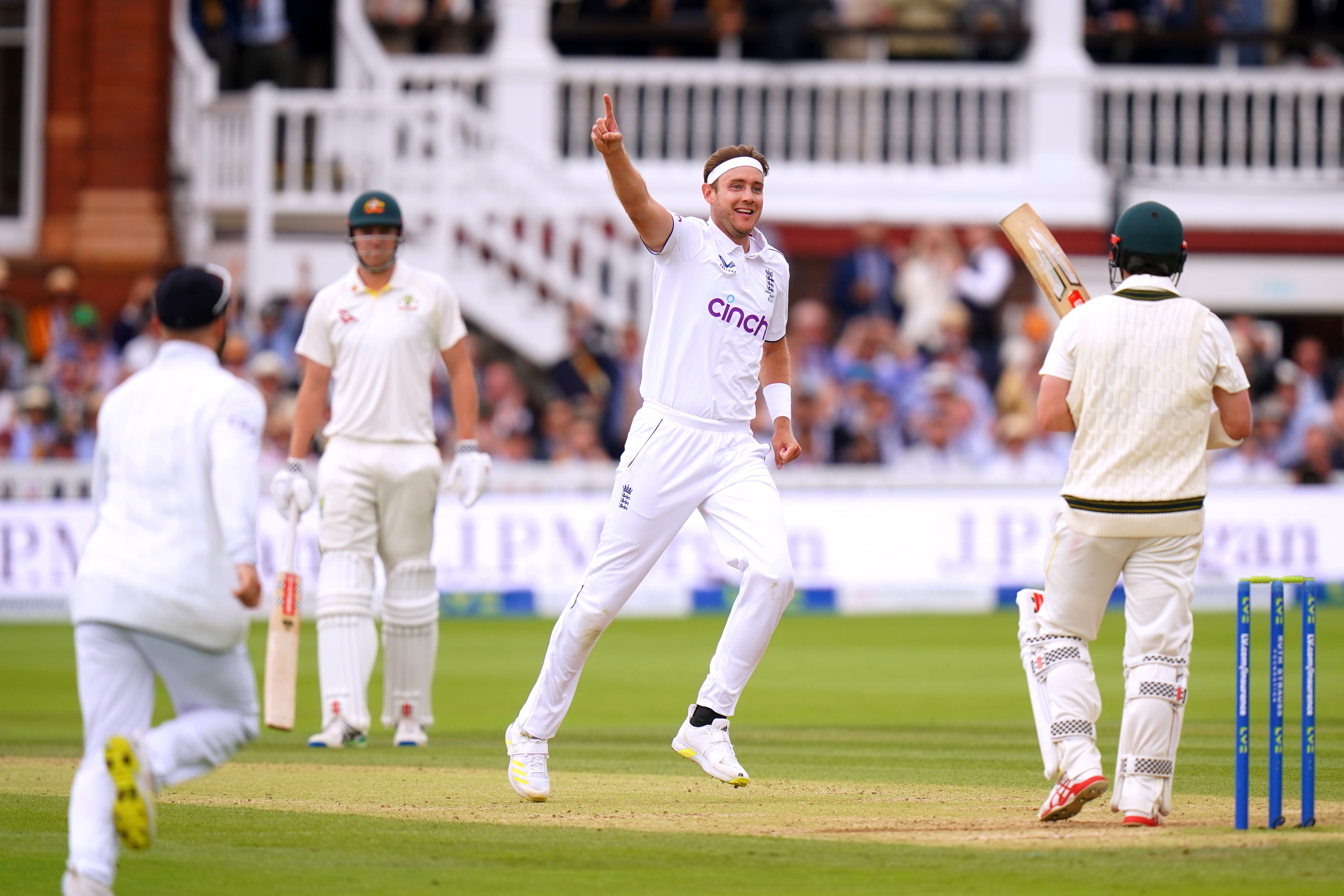 Stuart Broad celebrates the wicket of Travis Head (Adam Davy/PA).