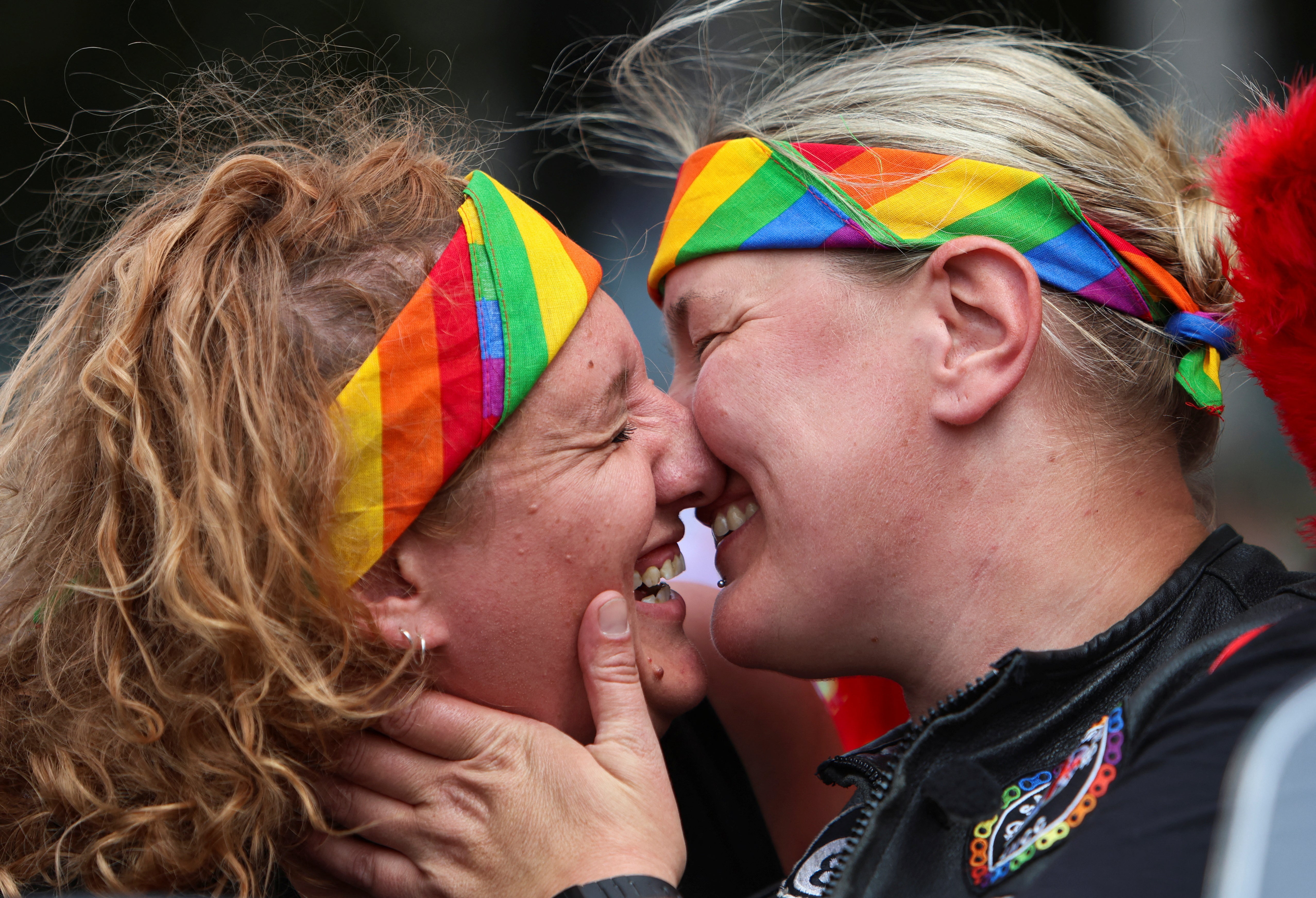 Max Donahue and Georgia Marks take part in the 2023 Pride Parade in London