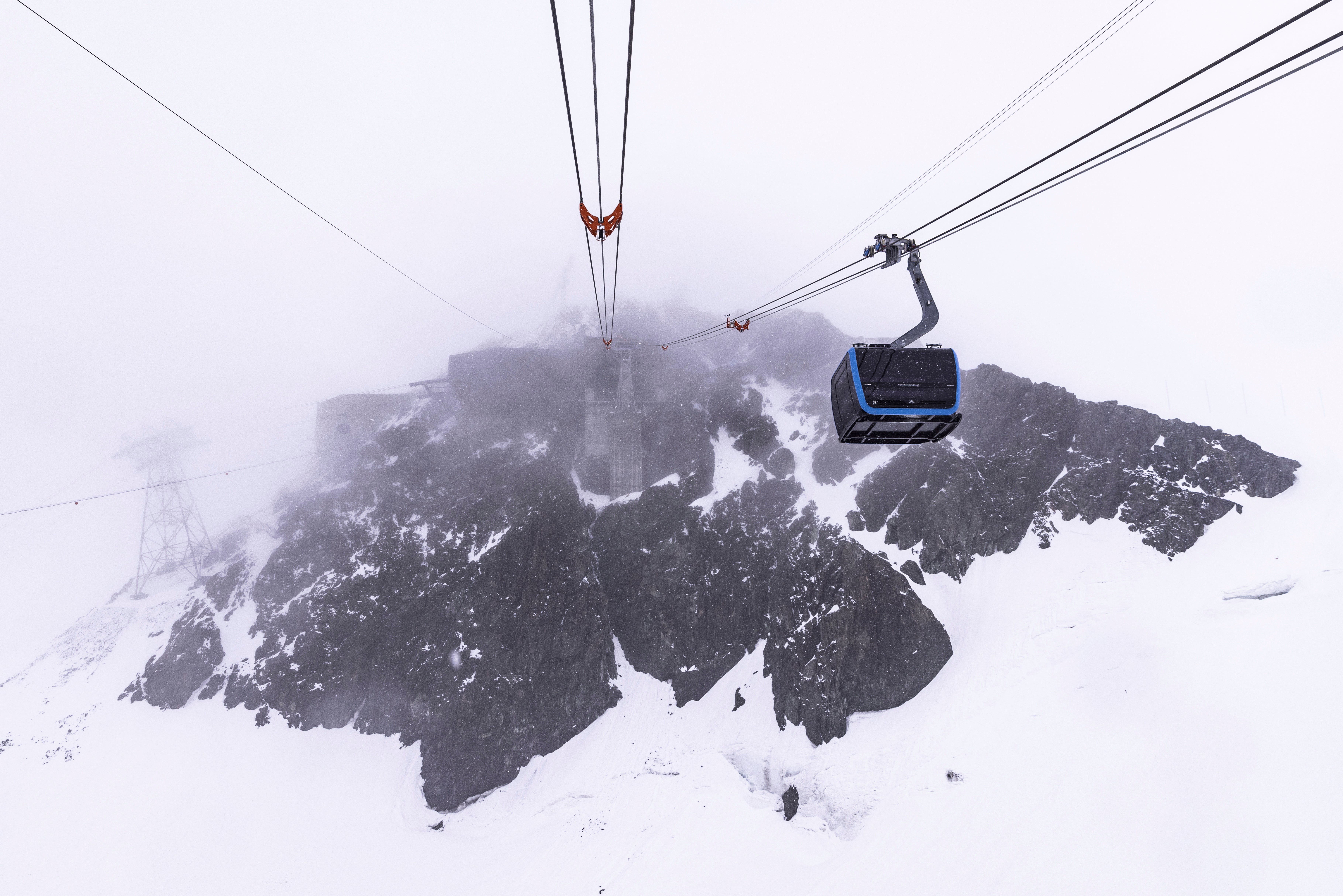 A view out of a the new gondola towards mountain station Klein Matterhorn before the official opening of the new Matterh...