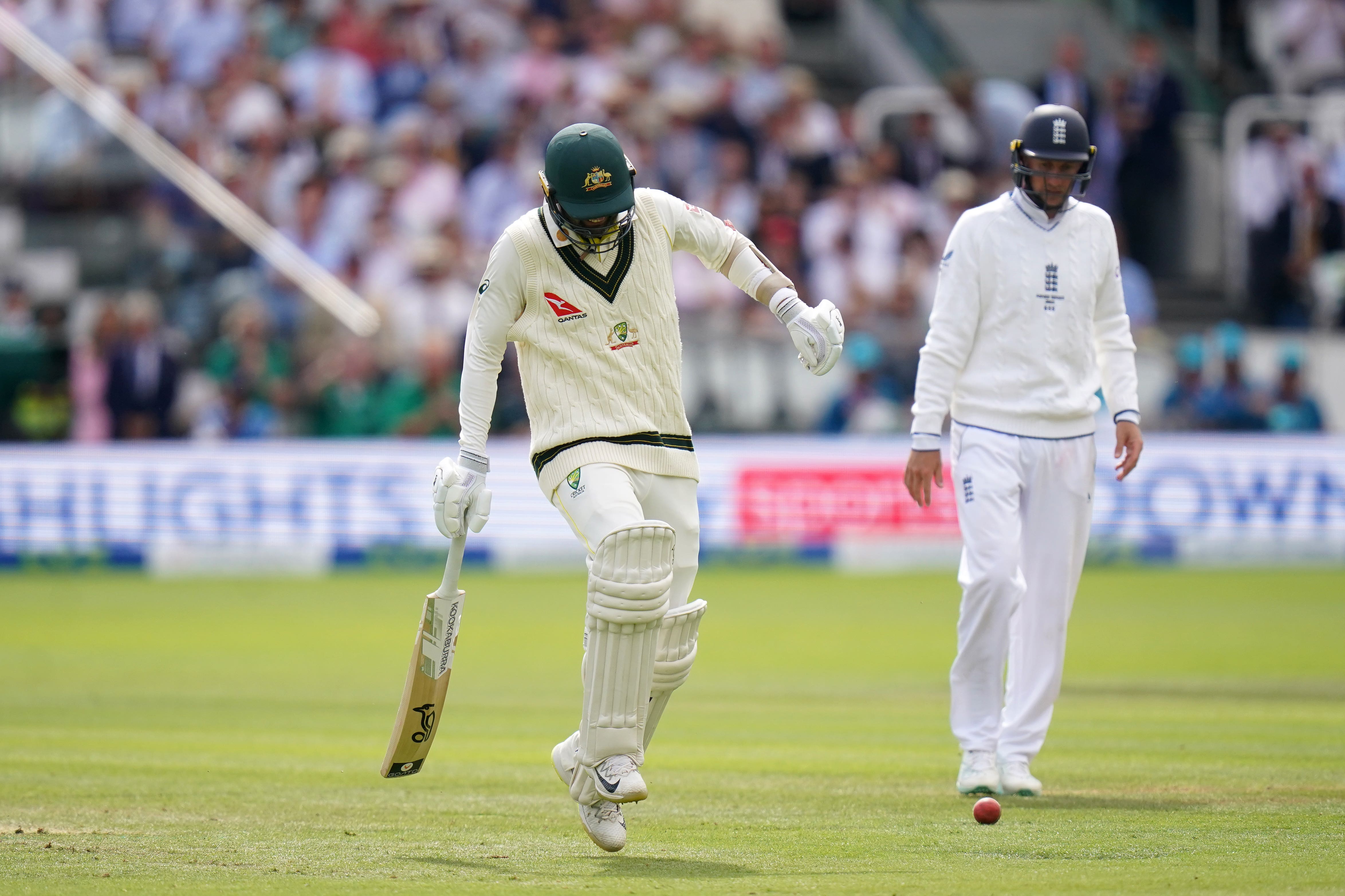 Australia’s Nathan Lyon hobbles back to his crease during day four of the second Ashes test (Adam Davy/PA)