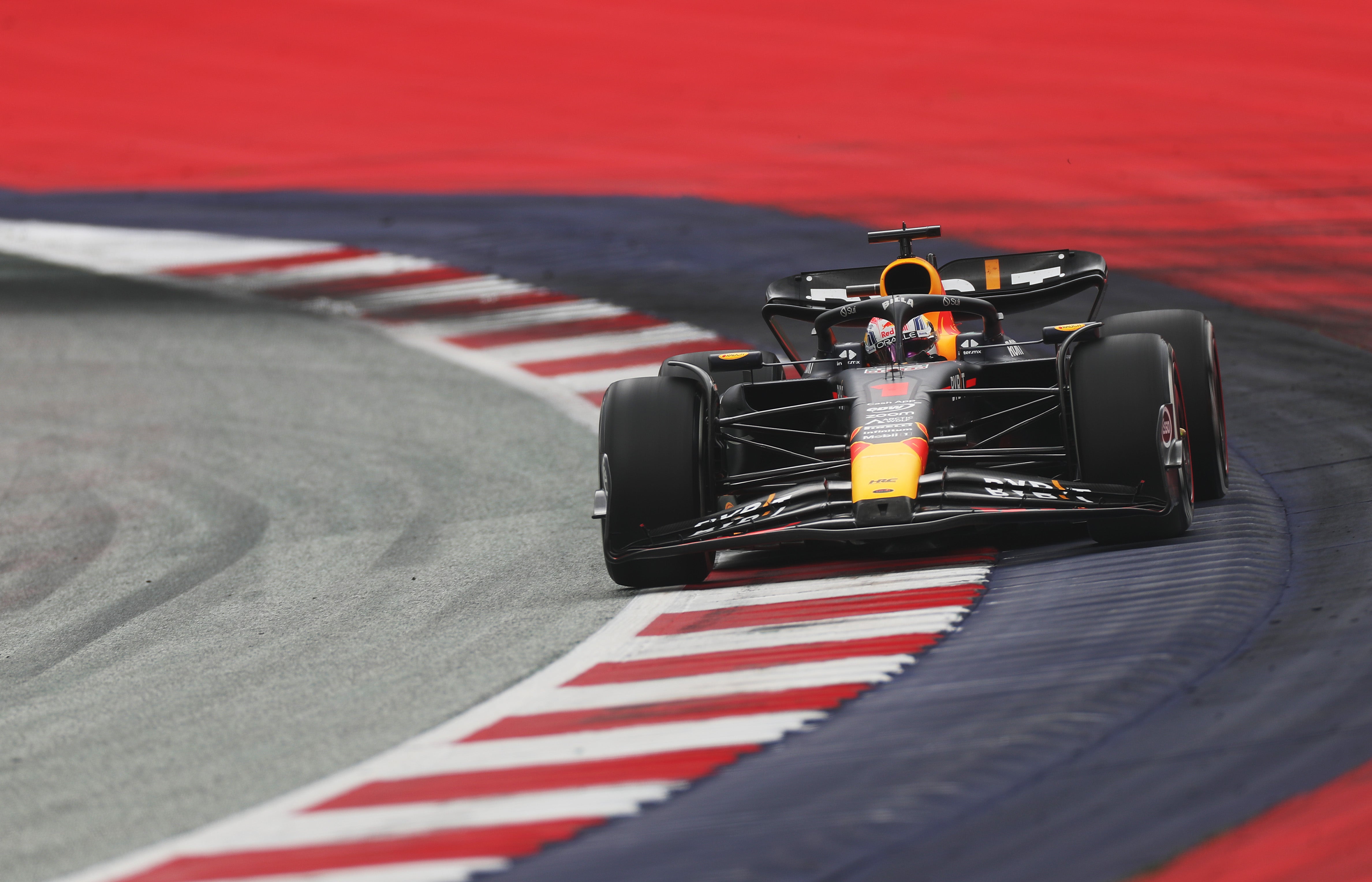 Max Verstappen runs his Red Bull close to the white line during Sunday’s race