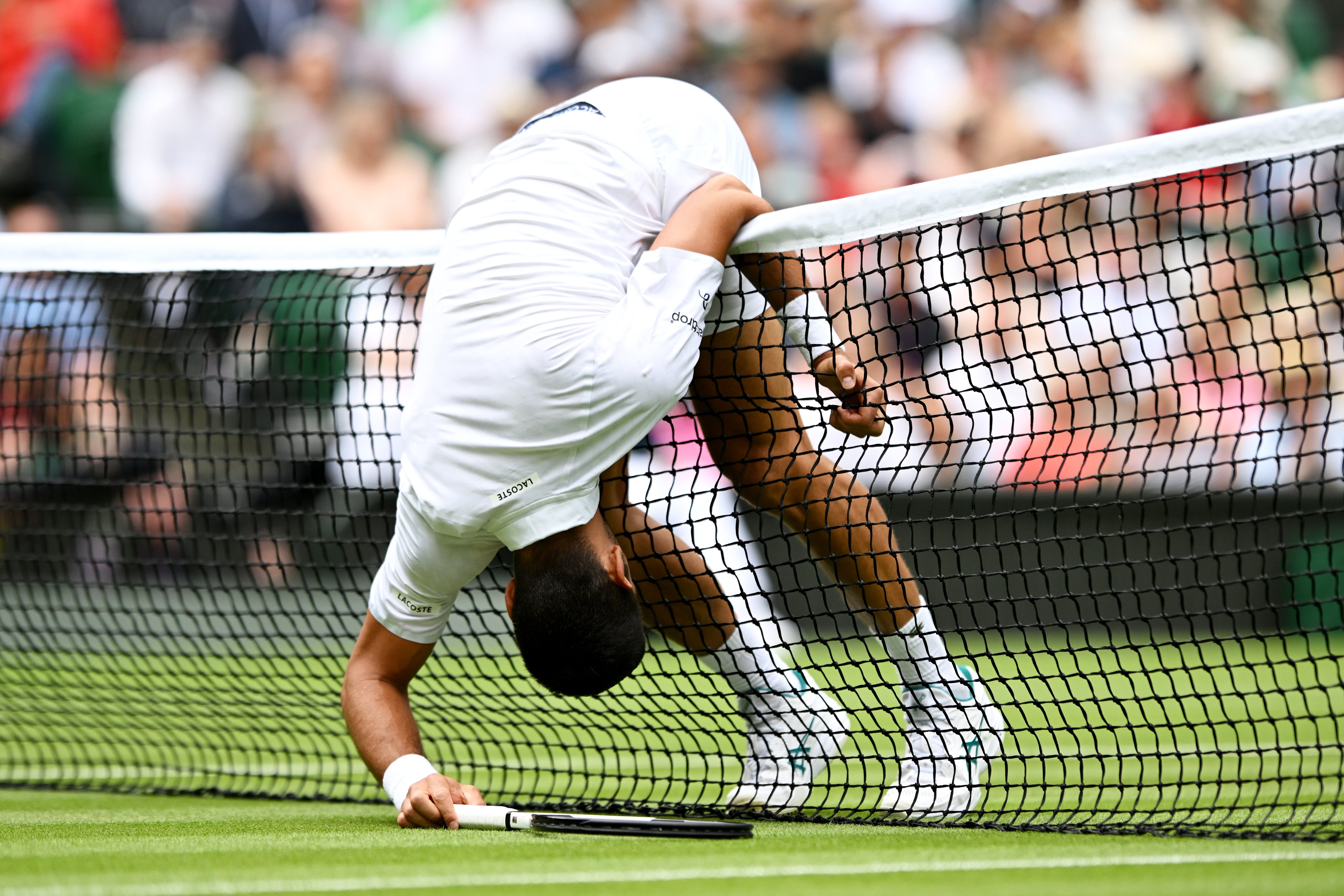 Djokovic lost the point after falling into the net before the ball was out