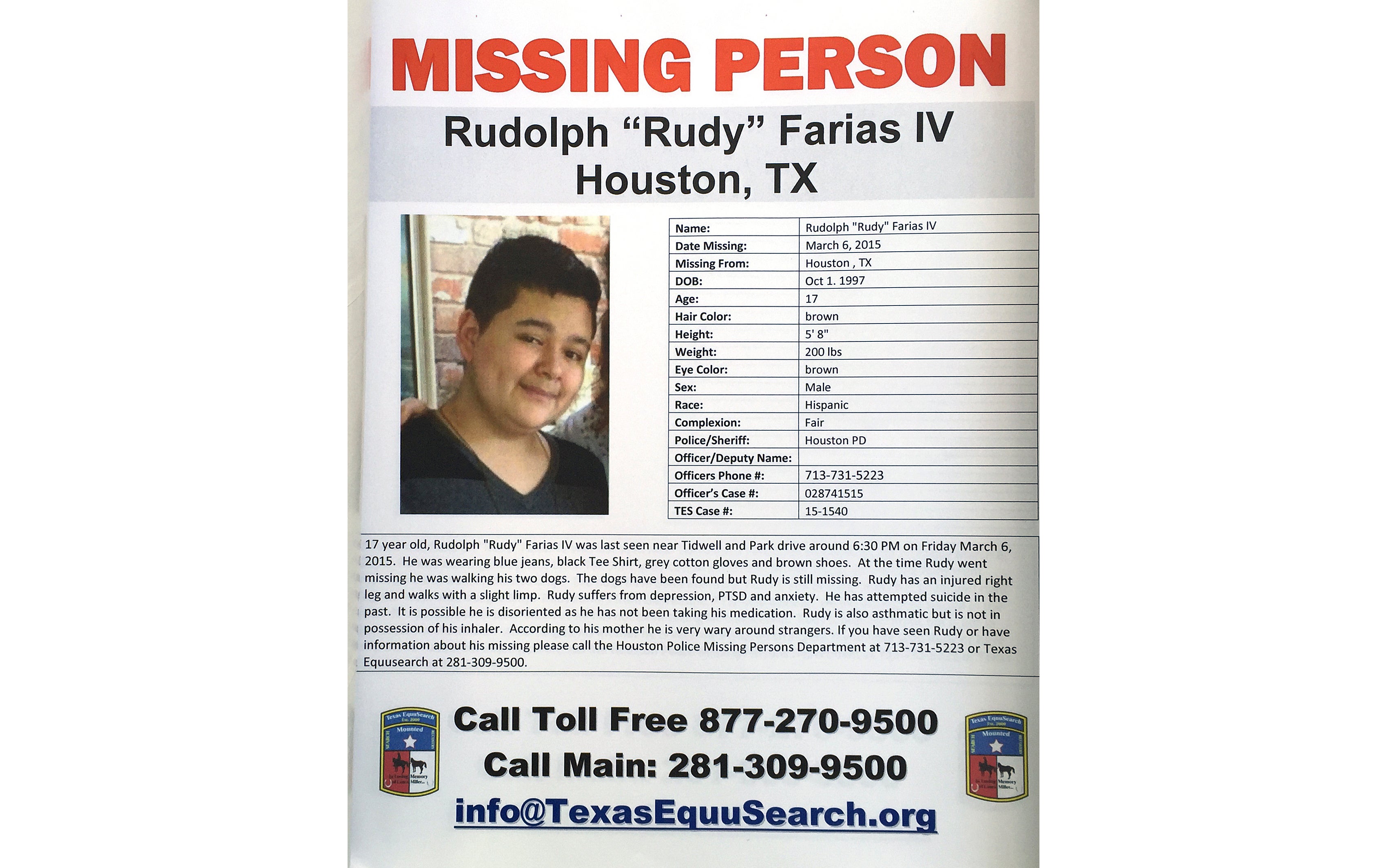 A missing poster for Rudolph ‘Rudy’ Farias IV is shown during the Missing Person Day event at City Hall Sunday, January 3