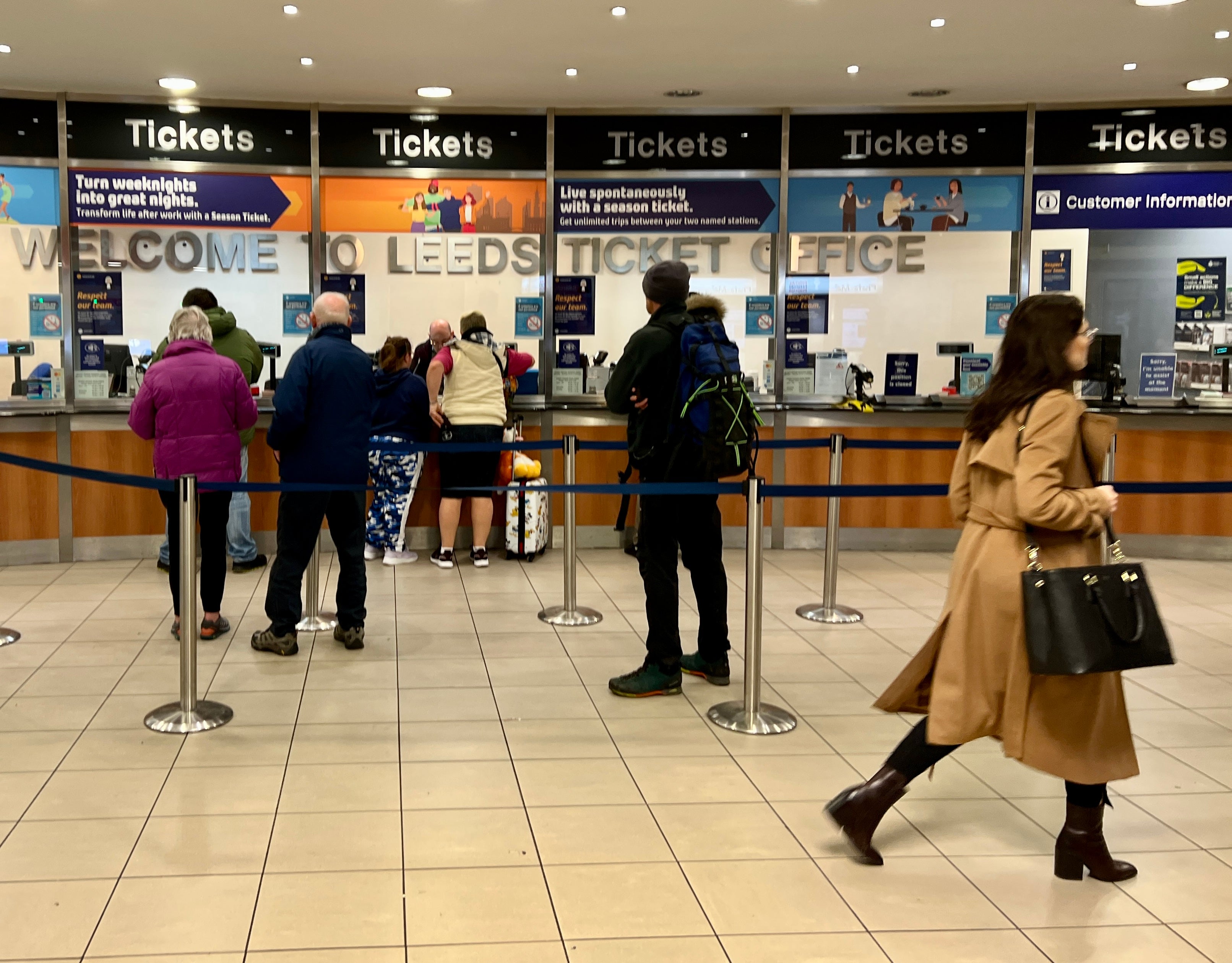 <p>Ticket to ride? Booking offices, such as this one at Leeds, are not allowed to charge fees – unlike Trainline and other retailers</p>