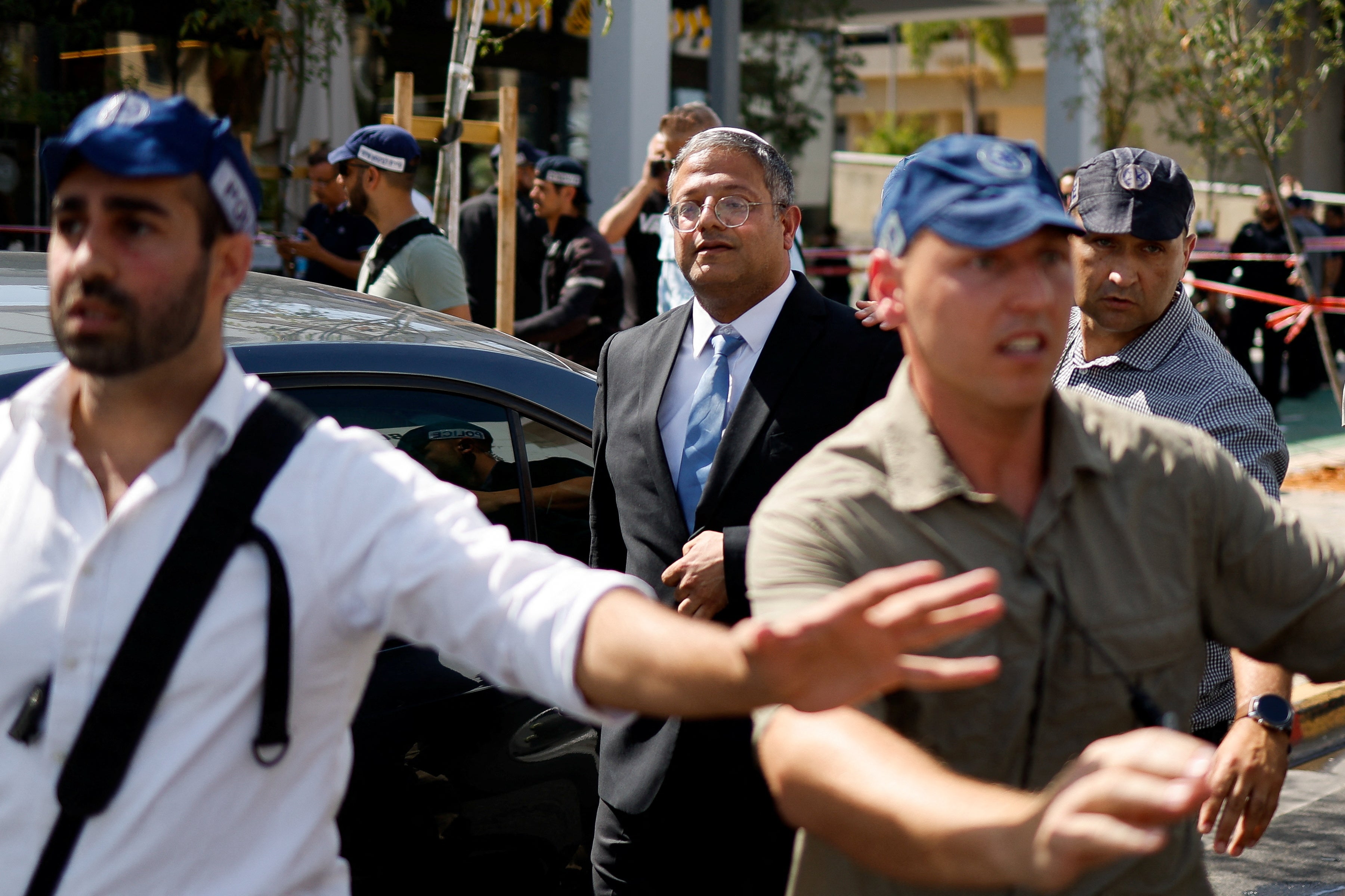 Israel's Minister of National Security Itamar Ben-Gvir visits the site of a ramming attack in Tel Aviv